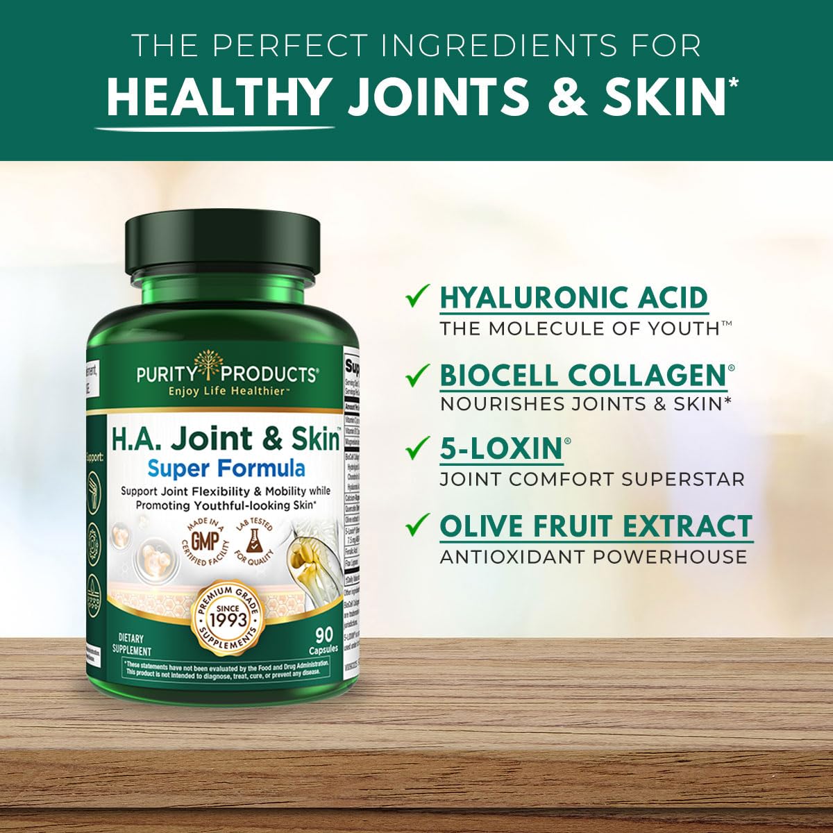 Purity Products H.A. Joint and Skin Super Formula Biocell Collagen w/Hyaluronic Acid Supports Healthy Joint Flexibility, Healthy Synovial Fluid, and Lubrication - 5-Loxin - 90 Capsules (1) Purity Products uk supplements