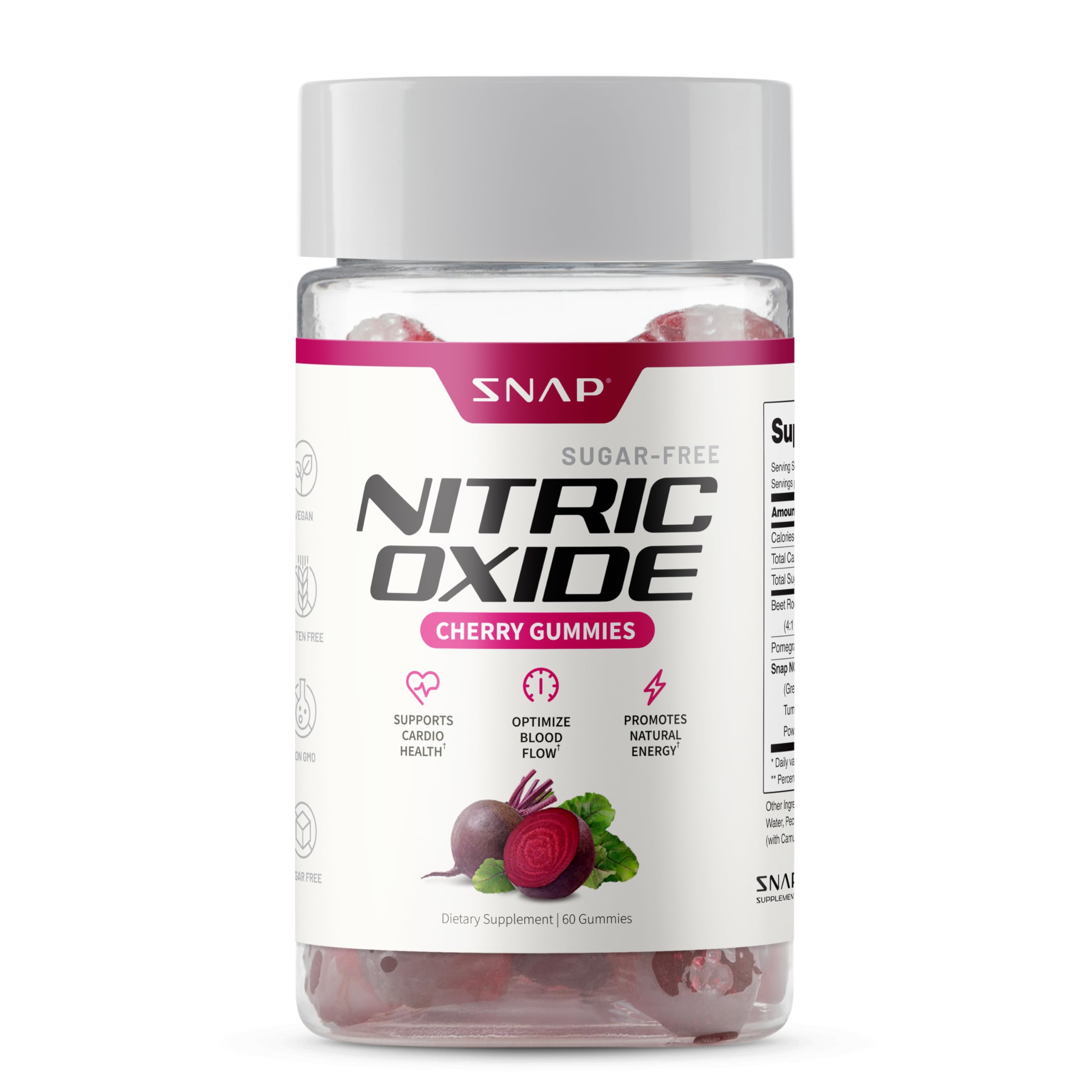 Snap Supplements Nitric Oxide Gummies - Beet Root Extract 300mg, Sugar Free Beetroot Supplement with Pomegranate Powder for Circulation & Natural Energy, 60 Vegan Gummies, Cherry Flavor Snap Supplements uk supplements