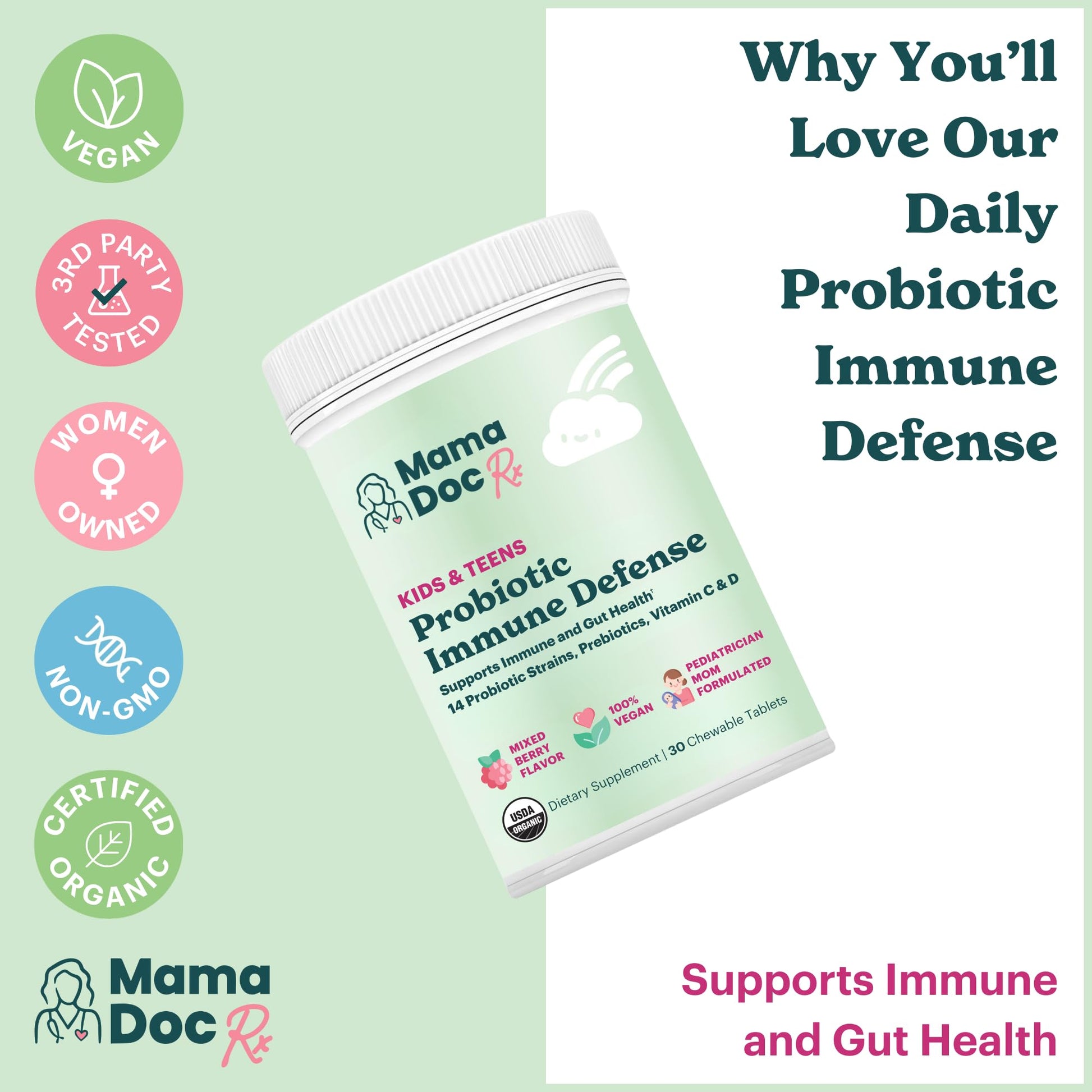 MamaDoc Rx Certified Organic Kids & Teens Probiotic Immune Defense - 5 Billion CFUs | Sugar Free, Vegan, Gluten-Free | 14 Probiotic Strains, Prebiotics, Vitamin C & D | 30 Chewable Tablets, Ages 4+ MamaDoc Rx uk supplements