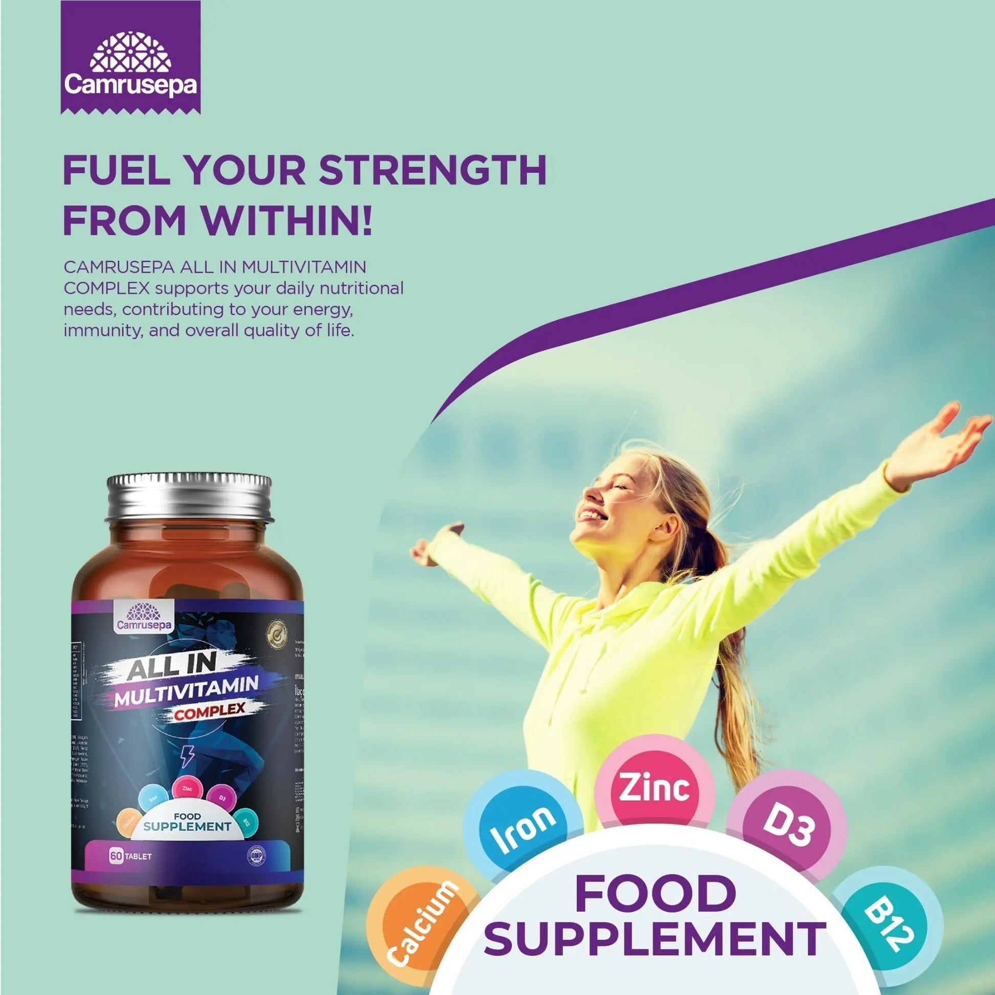 CAMRUSEPA All in Multivitamin Complex – Daily Tablet with Calcium, Iron, Zinc, Vitamin C, B Complex, D3, E, A & More – Complete Daily Nutritional Support for Adults Camrusepa uk supplements