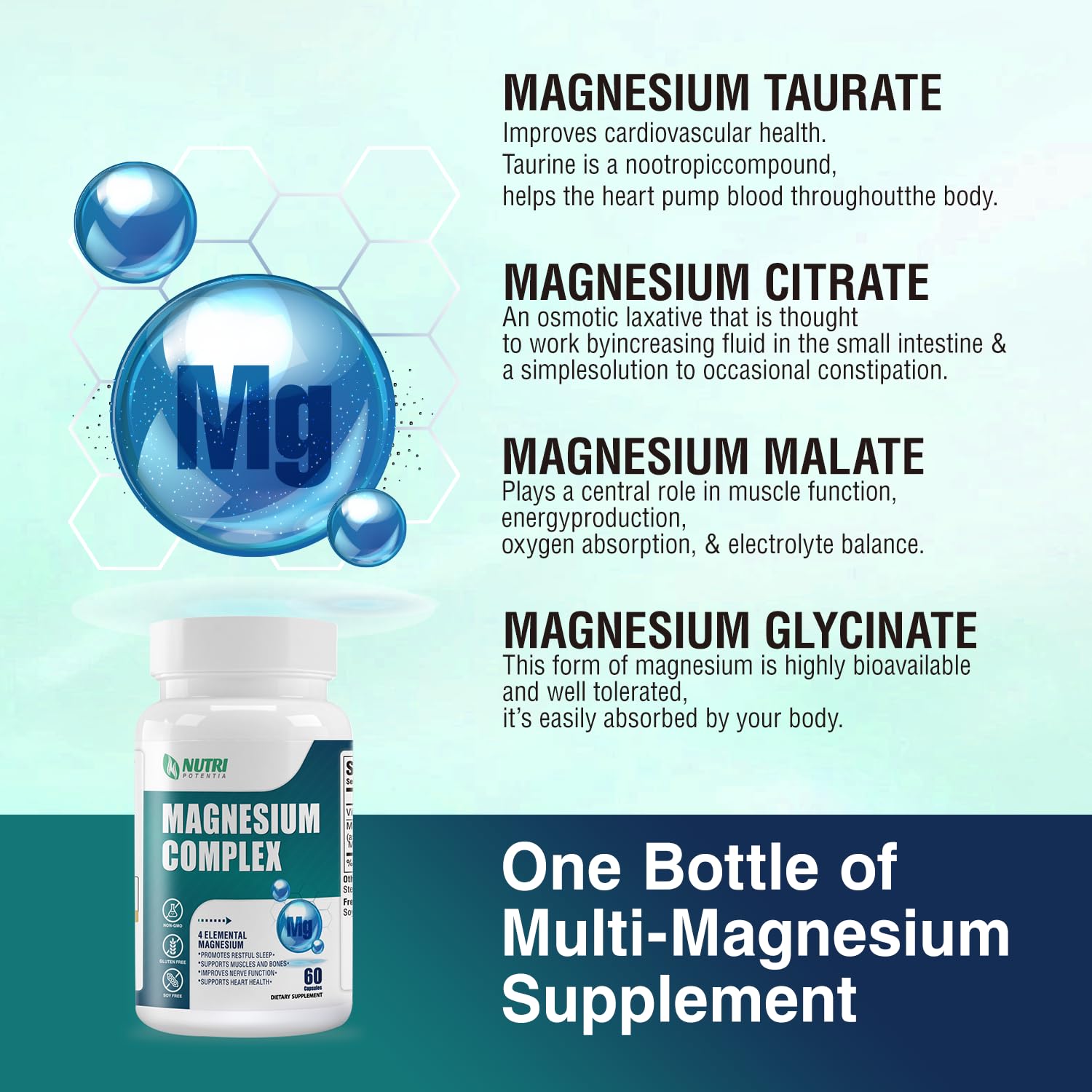 Magnesium Complex for Women&Men,With Glycinate Malate Citrate Taurate.Support for Sleep,Stress Relief,Cognitive Function,Magnesium Supplement 500mg,Third-Party Tested(Made & Tested in USA)-60 Capsules NUTRI POTENTIA uk supplements