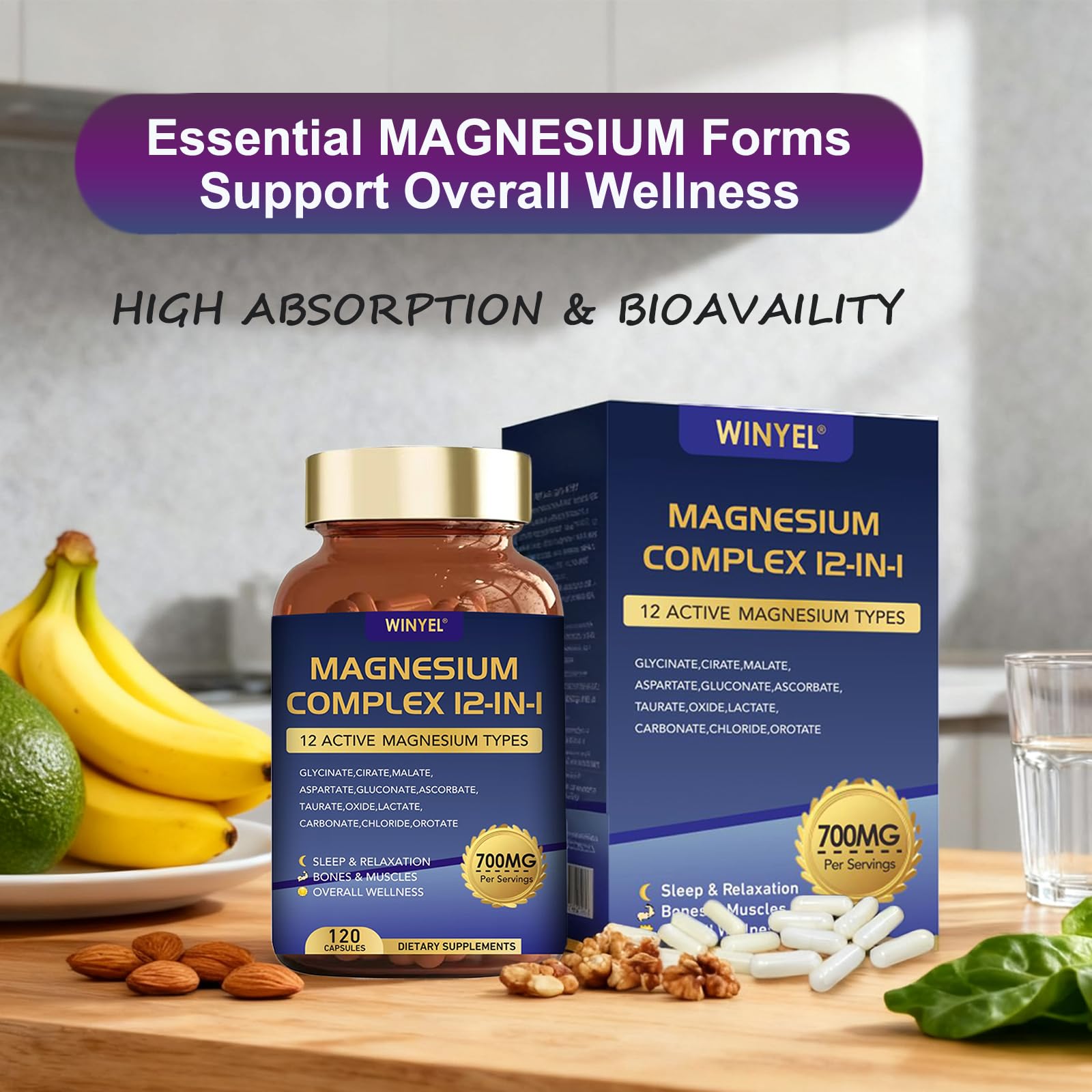 Magnesium Complex 700mg 12 in 1 Magnesium Supplement with Glycinate, Citrate, Malate | Sleep, Calm, Muscle Relaxation, Heart Health Support | Vegan 120 Capsules WINYEL uk supplements