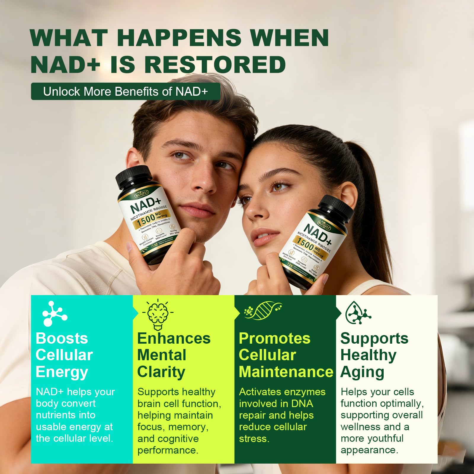 BUIUYLT NAD+ Supplement 1500mg, NR NMN Replacement with Resveratrol, Urolithin A, CoQ10 & Quercetin for Cellular Energy, Healthy Aging & Stamina for Women & Men - 120 Capsules BUIUYLT uk supplements