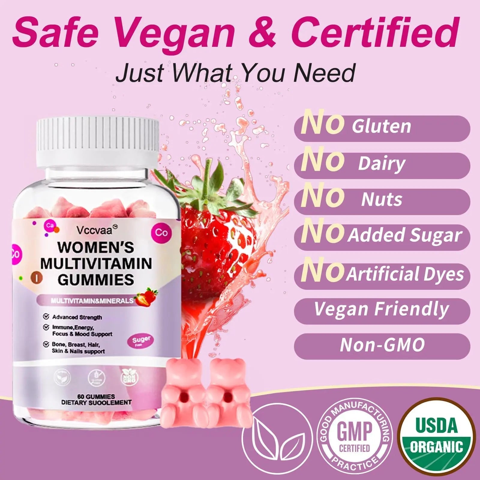 Vccvaa Sugar Free Multivitamin Gummies for Women 14+ with Iron, Inositol, Folate, Vitamins A C D3 E B12 K2, Herbal & Mineral Blend Vccvaa uk supplements