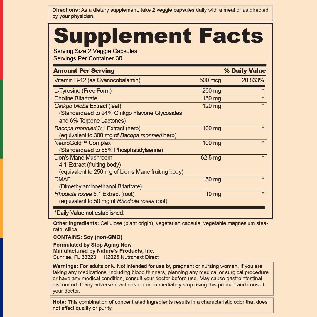 Stop Aging Now - Brain Supplement Complex - with Ginkgo Biloba, Lion's Mane, Bacopa, and DMAE - 60 Vegetarian Capsules - Advanced Blend Stop Aging Now uk supplements