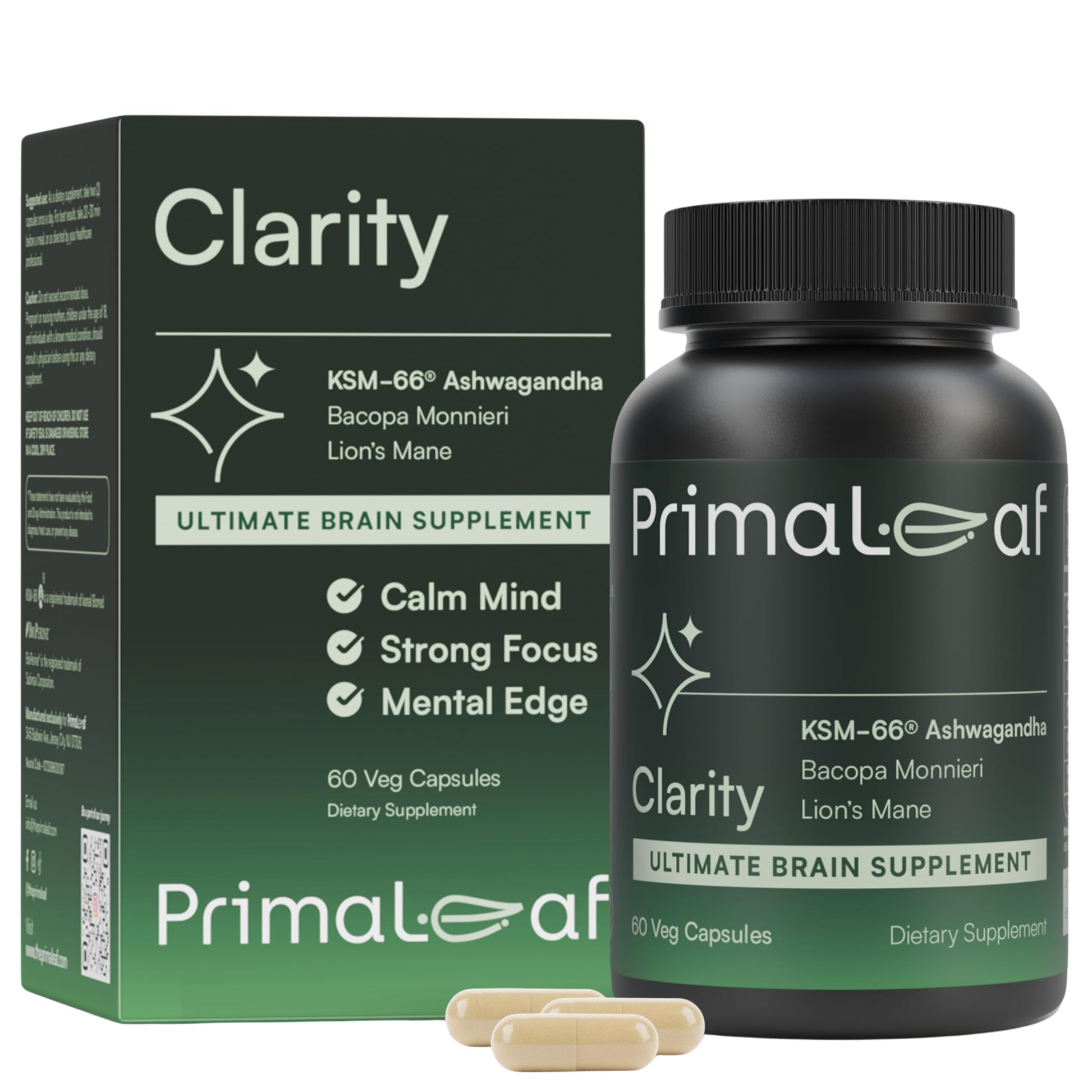 PrimaLeaf Clarity Nootropics Brain Supplement for Focus, Memory, & Stress Relief | Natural Nootropic with KSM66 Ashwagandha, Lions Mane, Bacopa, L Theanine | Cognitive & Mood Support | 60 Veg Capsules PrimaLeaf uk supplements
