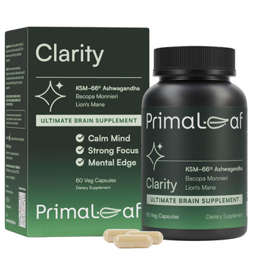 PrimaLeaf Clarity Nootropics Brain Supplement for Focus, Memory, & Stress Relief | Natural Nootropic with KSM66 Ashwagandha, Lions Mane, Bacopa, L Theanine | Cognitive & Mood Support | 60 Veg Capsules PrimaLeaf uk supplements