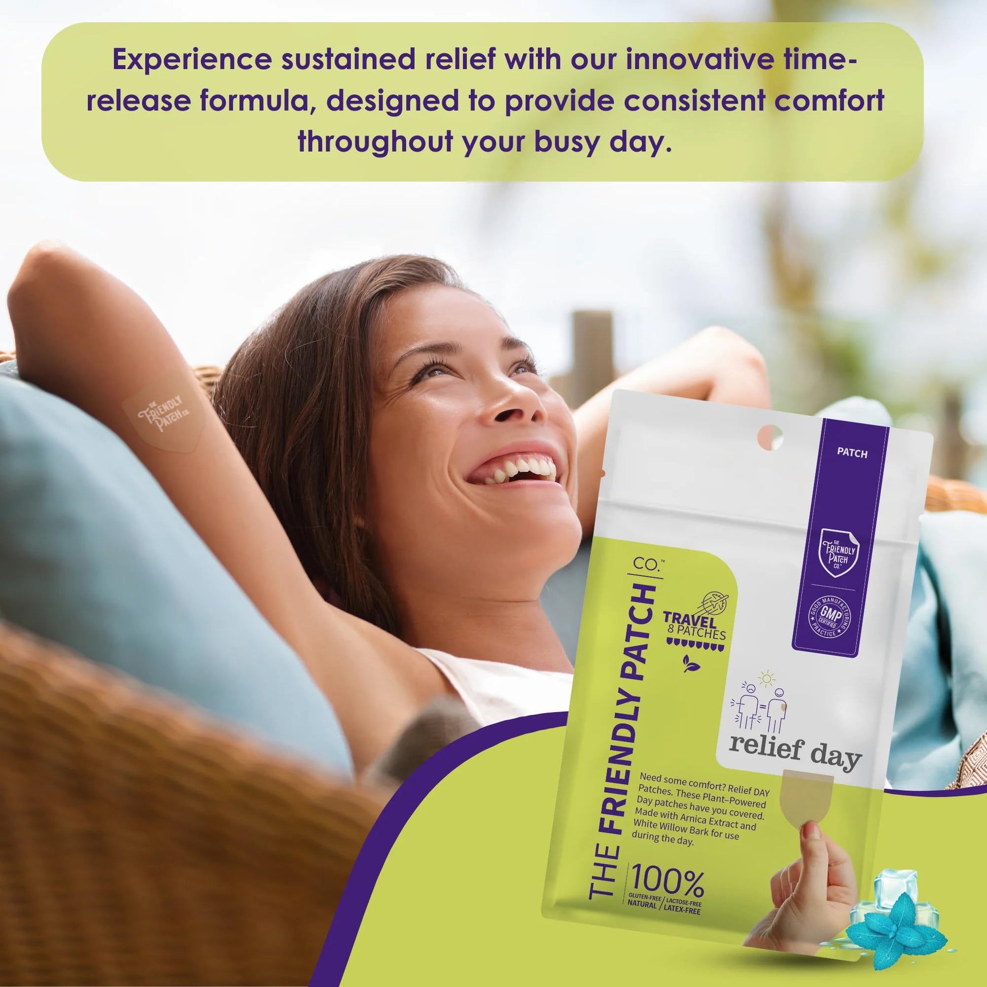 Relief Day Patch - Arnica, White Willow Bark, Saffron & Peppermint for Soreness and discomfort for Women and Men The Friendly Patch CO. uk supplements