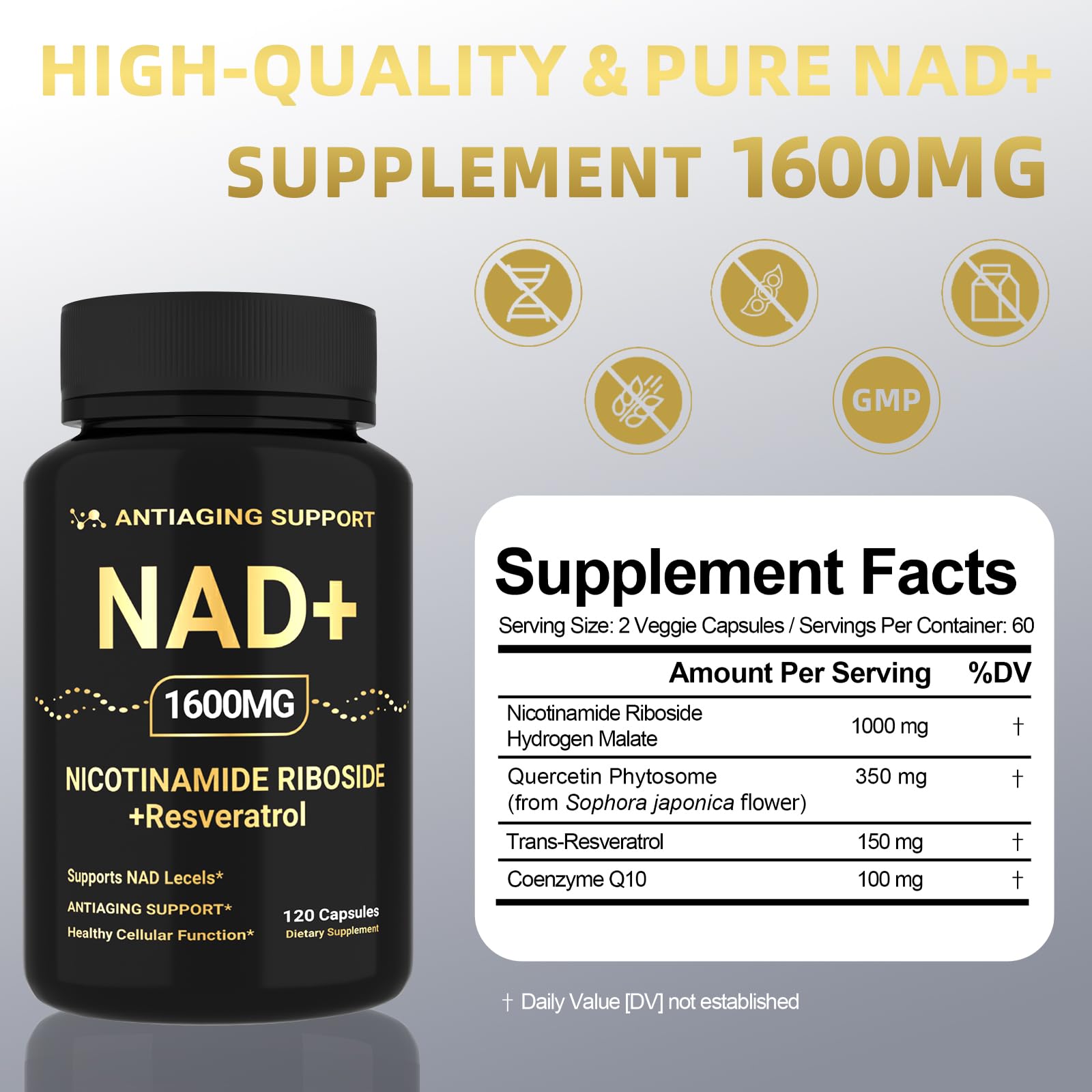 NAD Supplement 1600mg, NAD+ with Resveratrol & Nicotinamide Riboside, Anti-Aging Support, Cellular Energy & Mental Clarity Support, Vegan Non-GMO, 120 Capsules ANTIAGING SUPPORT uk supplements