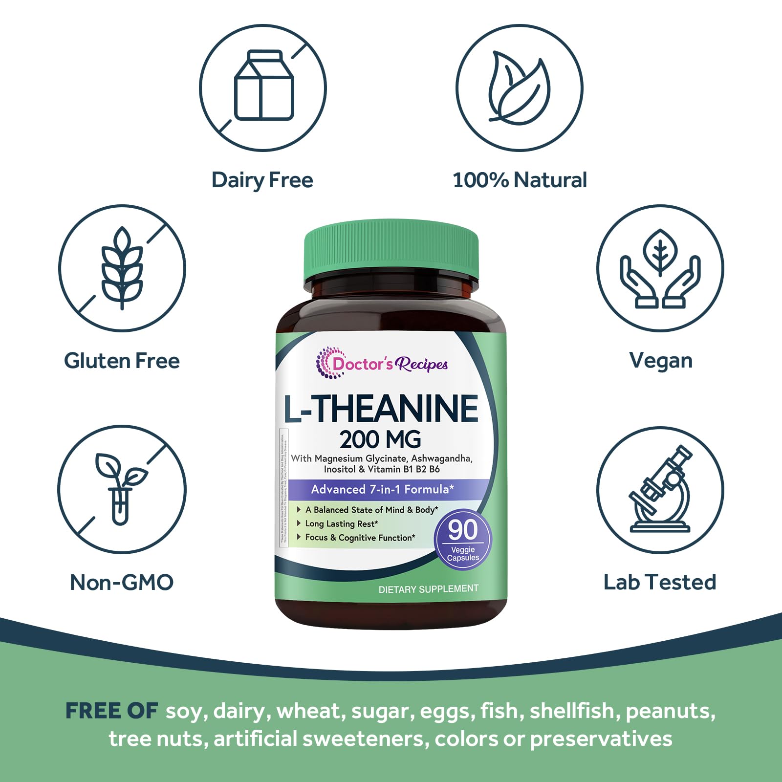 Doctor's Recipes L-Theanine 200 mg, Magnesium Glycinate, Ashwagandha, Inositol, Vitamin B6 B1 B2, Calm Relaxation Mood Cortisol Manager Nerve Focus Sleep Aid Quality No Drowsiness, Vegan, 90 Capsules Doctor's Recipes uk supplements