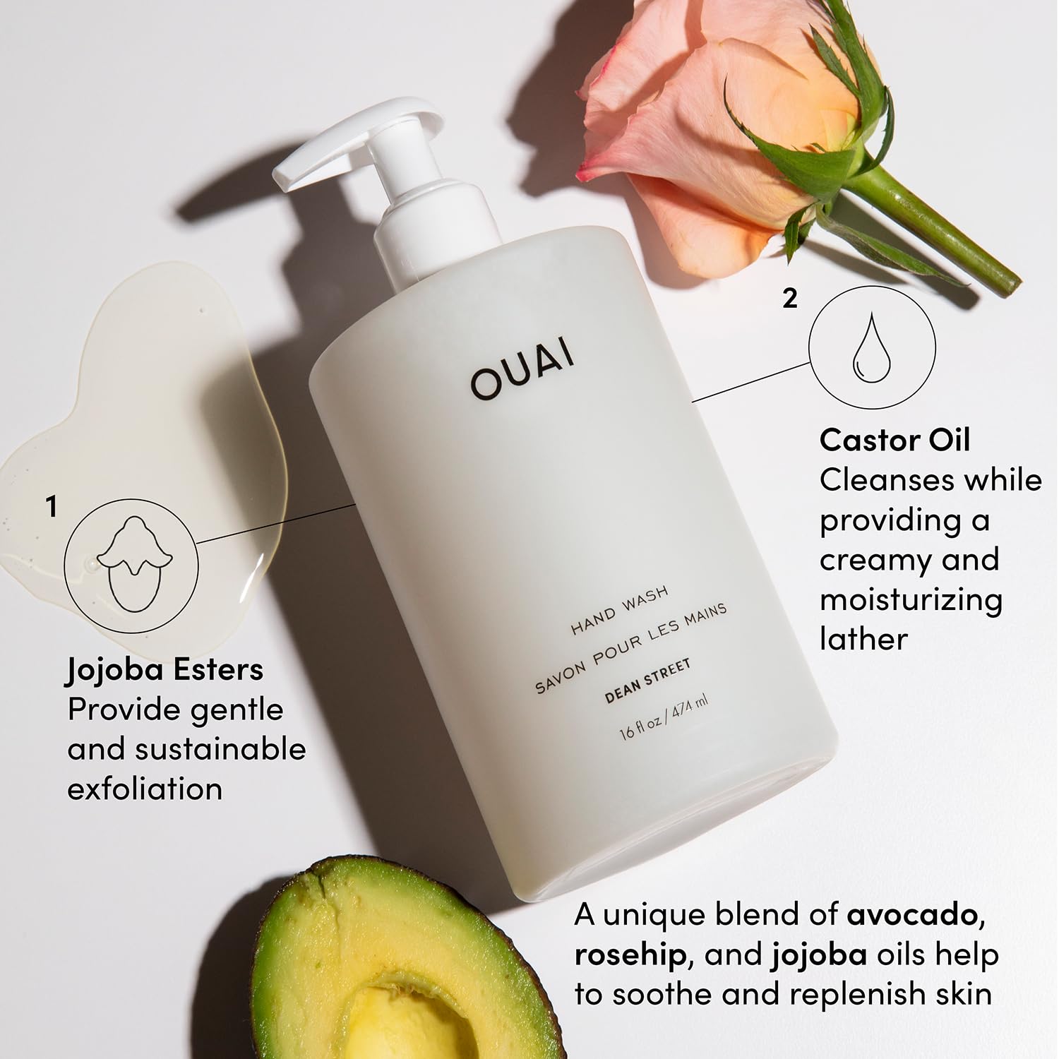 OUAI Hand Wash and Hand Lotion Set, Dean Street Scent - Moisturizes and Exfoliates with Daily Use - Made with Jojoba Esters, Avocado & Rosehip Oils (16 Fl Oz Each) OUAI uk supplements