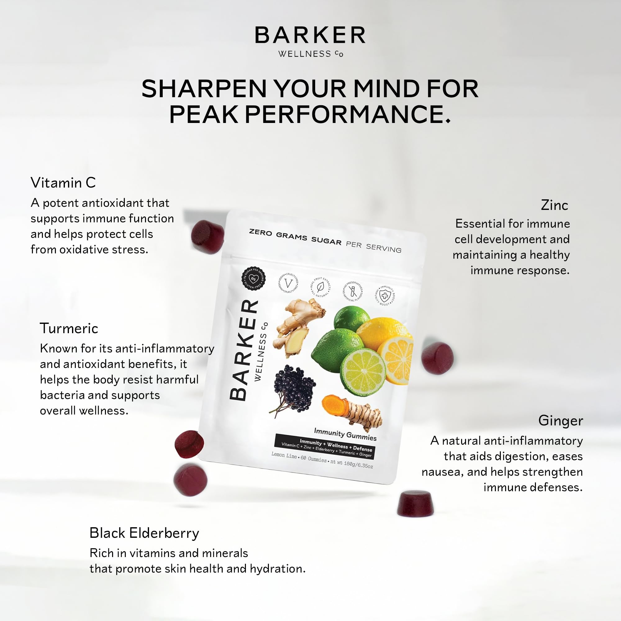Barker Wellness Immunity Gummies with Vitamin C, Zinc, Elderberry, Turmeric & Ginger for Daily Immune Support | Vegan, Sugar-Free, Lemon-Lime Flavor | Seasonal Wellness Essentials, 60 Count Barker Wellness Co uk supplements