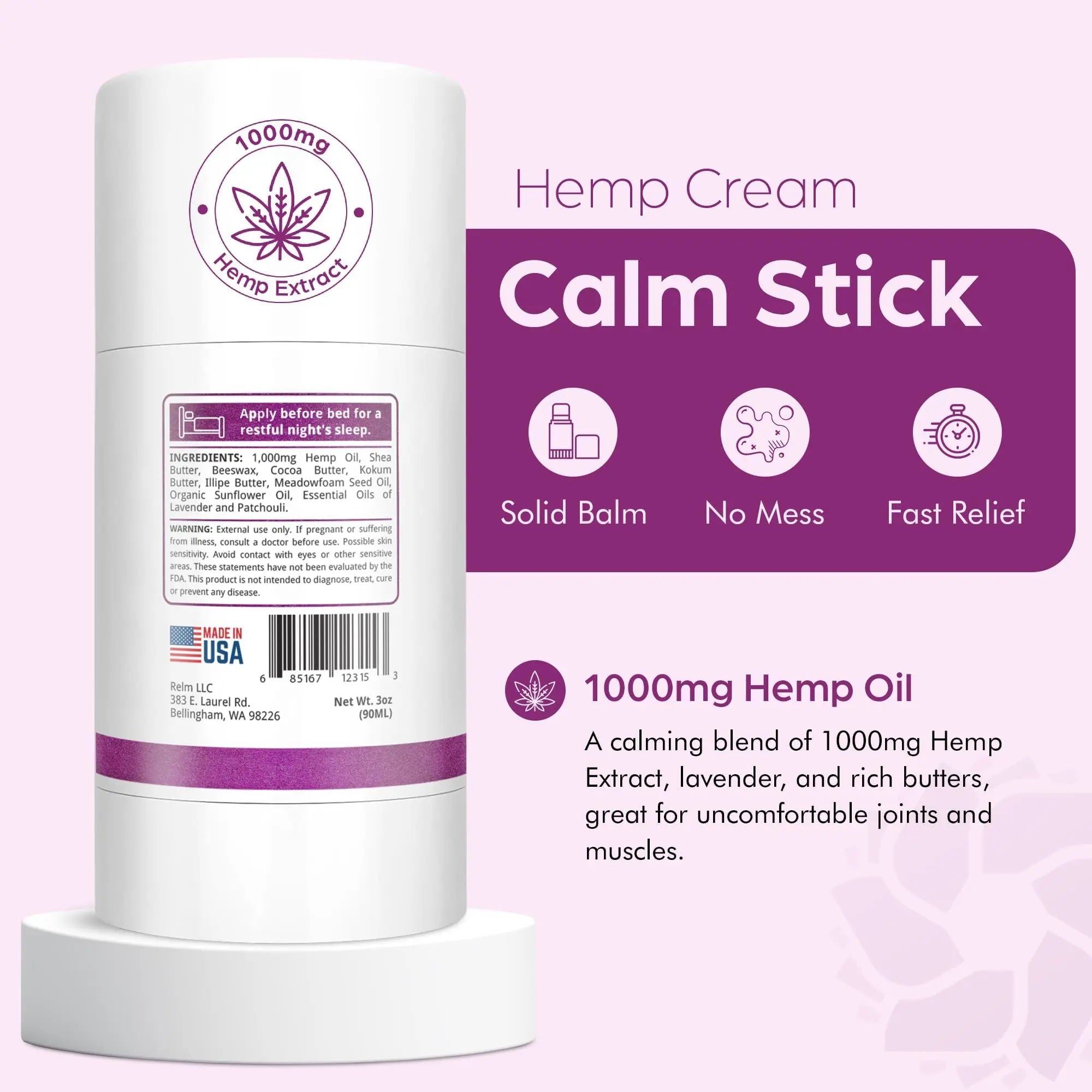 Relm Wellness Hemp Cream Relief - Maximum Strength Oil Roll On - Lavender Essential Oil - 1000mg Hemp - Nighttime Calming Creme | Great for sore Knee, Back, Joints and Muscles | Solid Lotion Balm Relm Wellness uk supplements