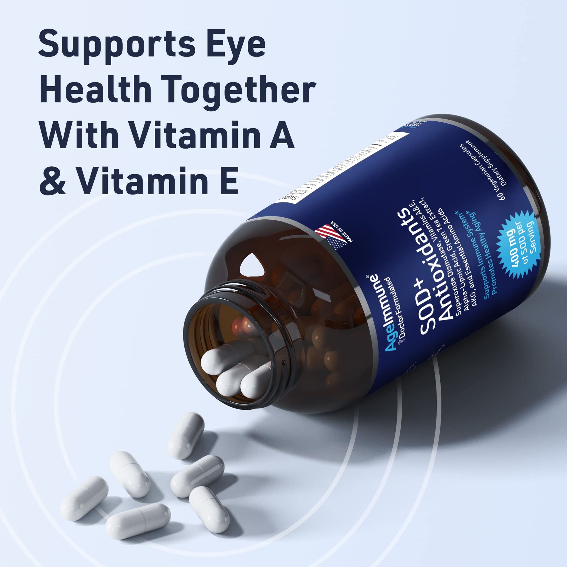 SOD Antioxidants Complex Healthy Aging Supplement - 400mg of Superoxide Dismutase - Alpha Lipoic Acid - L-Arginine -Lysine - AKG - Vitamin A - Vitamin E for Immune Support-60 Capsules AgeImmune uk supplements
