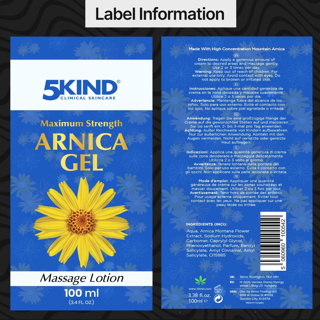 5kind Maximum Strength Arnica Bruise Gel 3.4 Fl Oz - Arnica Gel for Bruising and Swelling - Arnica Montana Gel with High Concentration Extract - Non-Greasy Formula 5kind clinical skincare uk supplements