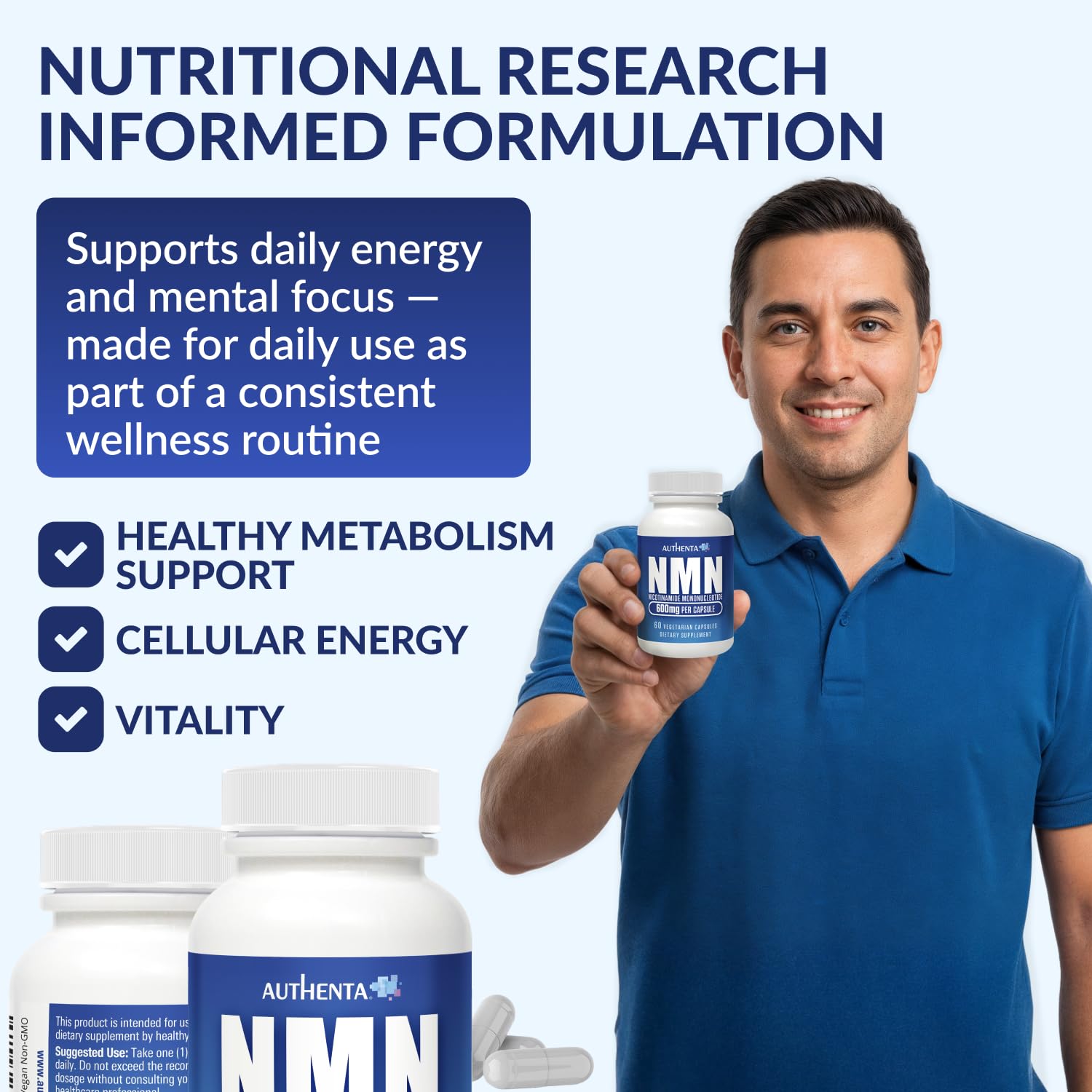 NMN Supplement 600 mg/Capsule Once Daily | 99% Pure Beta Nicotinamide Mononucleotide | Potent NAD⁺ Precursor | Supports Cellular Energy & Metabolism | Vegan, Non-GMO, Third-Party Tested & Gluten-Free AUTHENTA uk supplements
