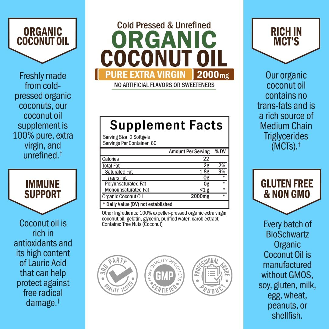 Coconut Oil Capsules 2000mg - Organic Pure Extra Virgin Unrefined Cold Pressed MCT BioSchwartz uk supplements