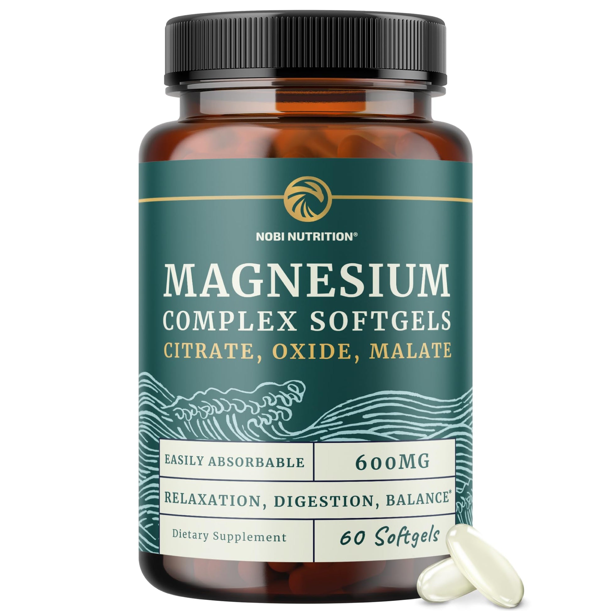 Triple Magnesium Softgels | Citrate, Malate, & Oxide | Highly Absorbable Magnesium Supplement for Digestion, Calm, Leg Cramps, & Sleep Support | 300mg Complex | Easy to Swallow Soft Gels | 60 Count Nobi Nutrition uk supplements