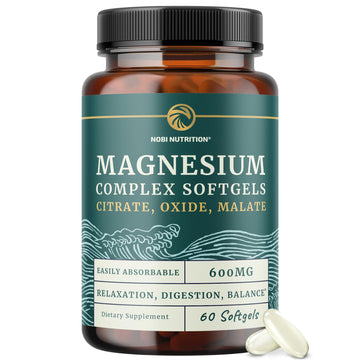 Triple Magnesium Softgels | Citrate, Malate, & Oxide | Highly Absorbable Magnesium Supplement for Digestion, Calm, Leg Cramps, & Sleep Support | 300mg Complex | Easy to Swallow Soft Gels | 60 Count Nobi Nutrition uk supplements