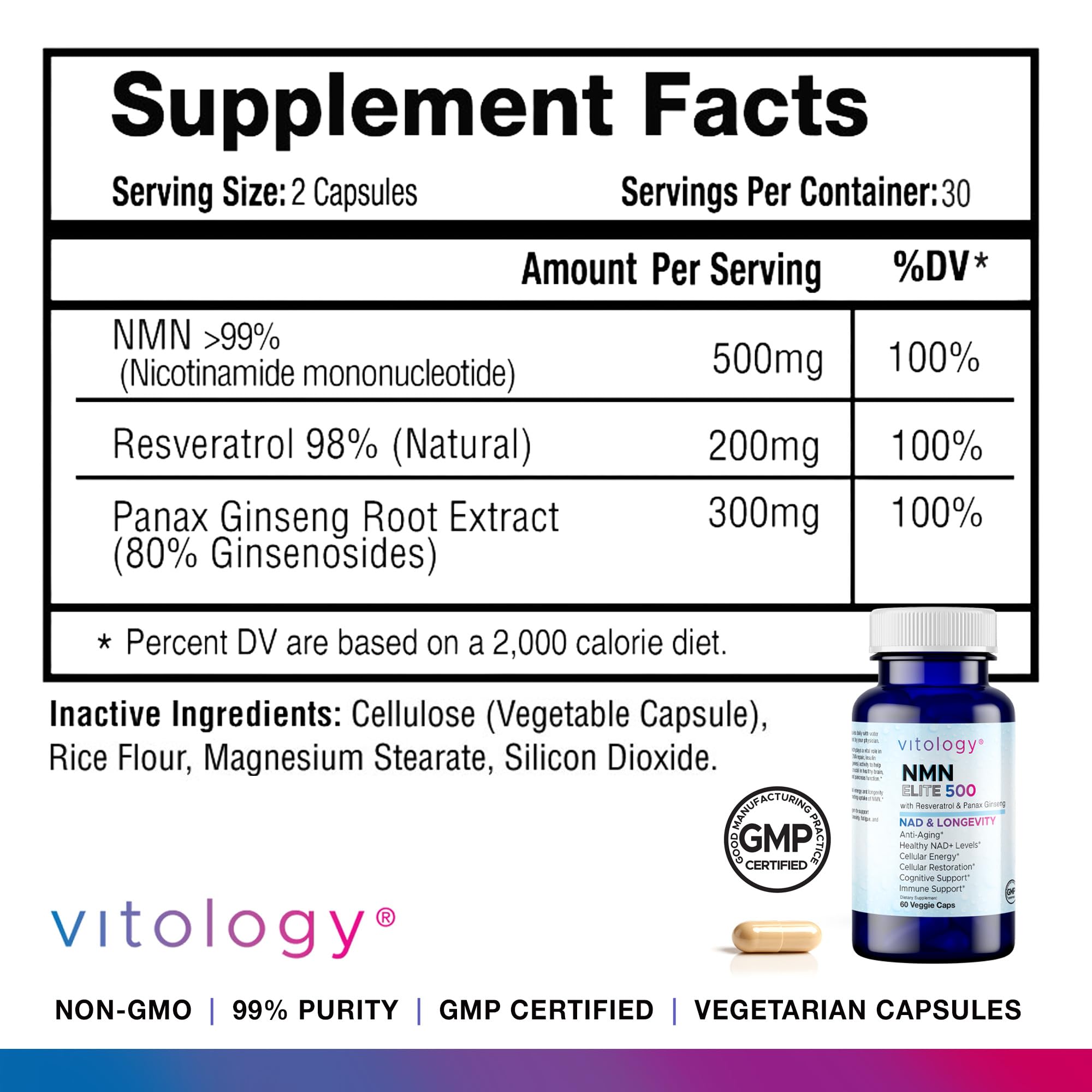 Vitology NMN Elite 500 – NMN 500mg, Resveratrol 200mg, Panax Ginseng 300mg – NAD+ Cellular Energy & Longevity Support Supplement – Focus, Vitality & Anti-Aging Formula – Non-GMO, Vegan Capsules Vitology uk supplements
