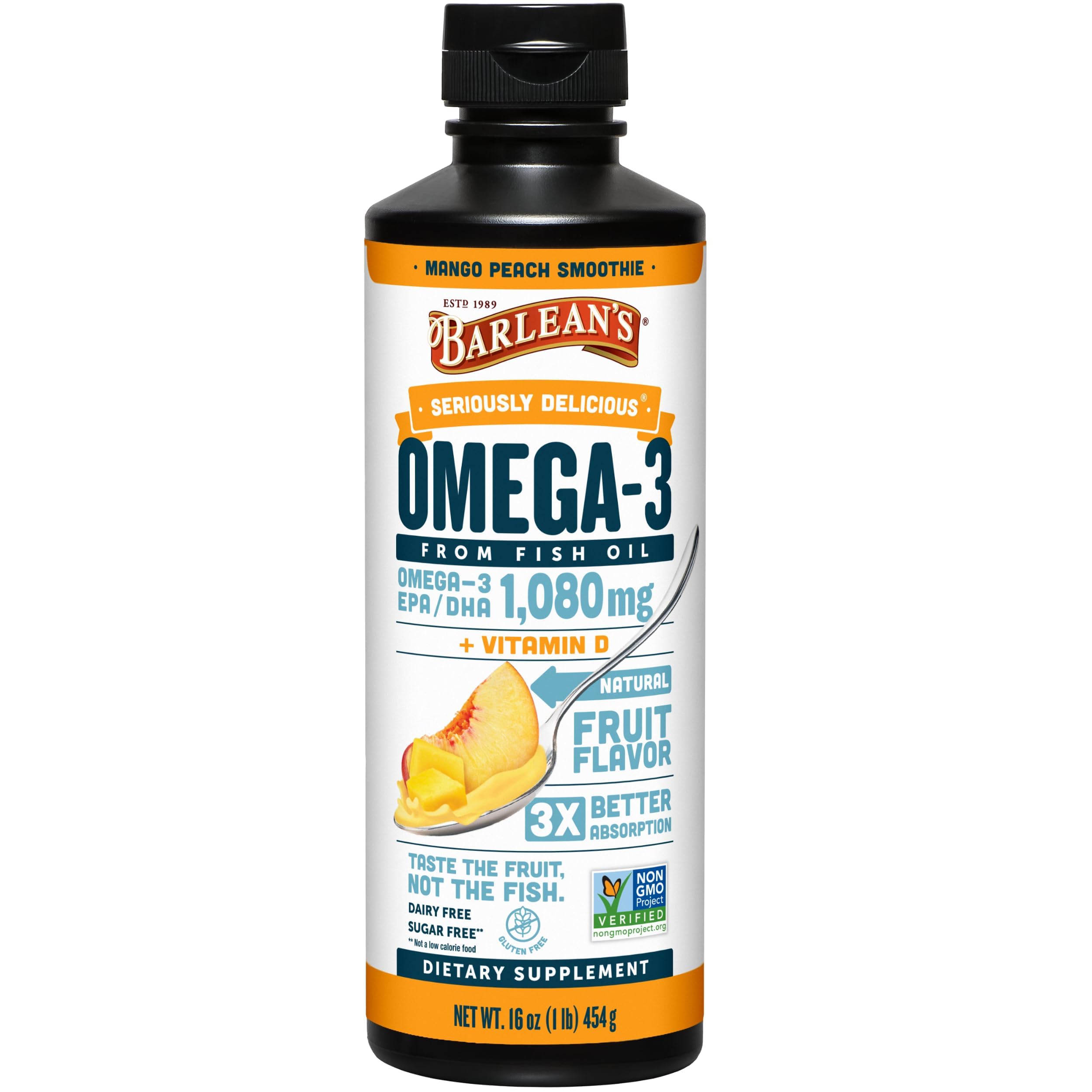 Barlean's Omega 3 Fish Oil Liquid Supplement with Vitamin D for Men and Women, 1080mg of EPA and DHA Fatty Acid, Promotes Brain & Heart Health - Non-GMO, Mango Peach, 16 oz Barlean's uk supplements
