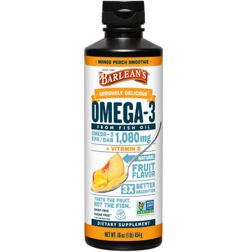 Barlean's Omega 3 Fish Oil Liquid Supplement with Vitamin D for Men and Women, 1080mg of EPA and DHA Fatty Acid, Promotes Brain & Heart Health - Non-GMO, Mango Peach, 16 oz Barlean's uk supplements