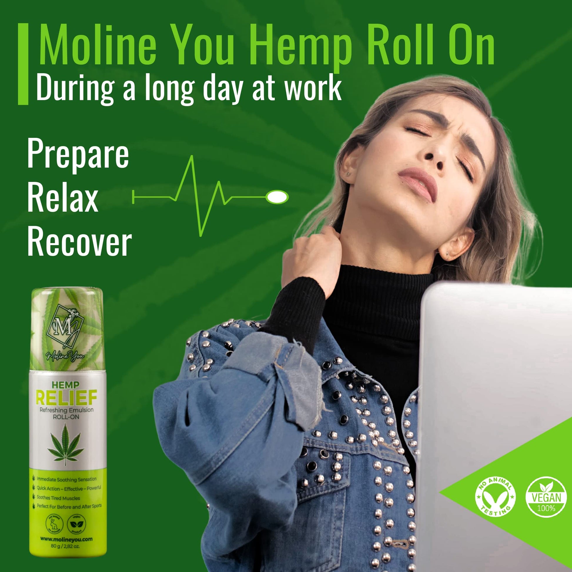 Moline You Natural Powerful Hemp Roll On, for Joint & Muscle Discomfort, Back, Neck, Knee, Shoulders HIPS. Formula with Hemp Oil Extract, Arnica, Menthol (Roll On 3 oz) Moline You uk supplements