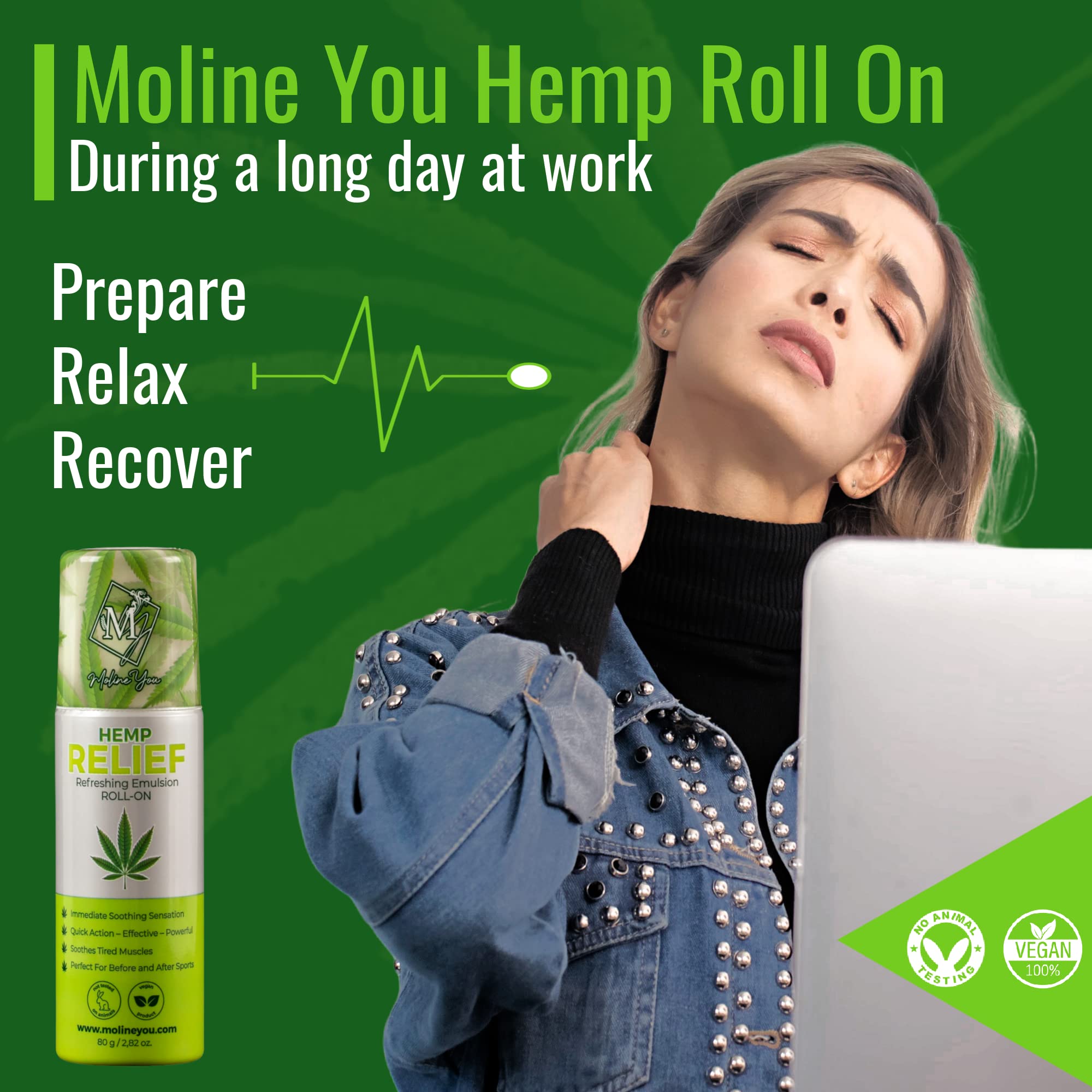 Moline You Natural Powerful Hemp Roll On, for Joint & Muscle Discomfort, Back, Neck, Knee, Shoulders HIPS. Formula with Hemp Oil Extract, Arnica, Menthol (Roll On 3 oz) Moline You uk supplements