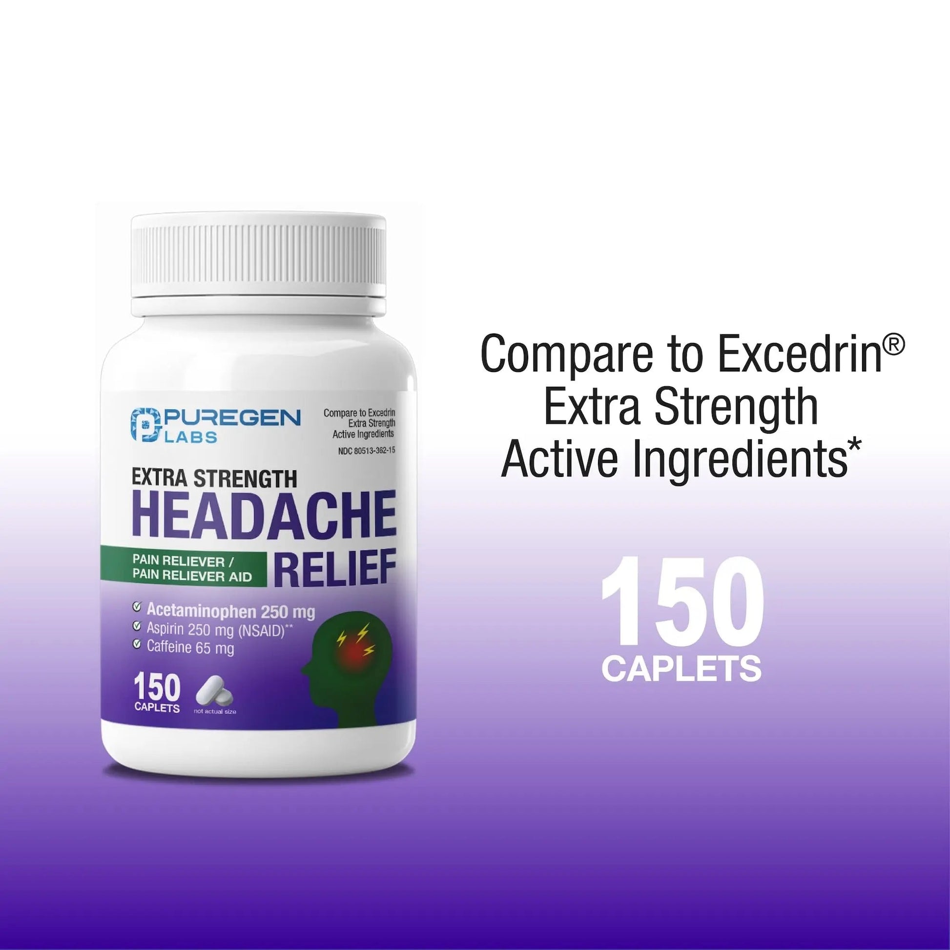 Puregen Labs Extra Strength Headache Caplets, Aspirin 250 mg (NSAID), Caffeine 65 mg, 150 Count P Puregen Labs uk supplements