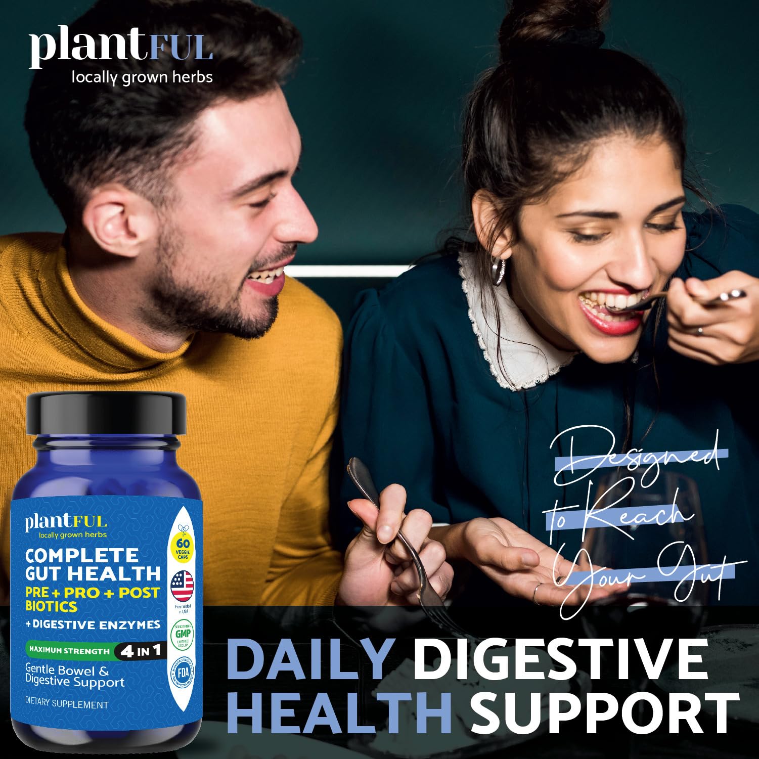 4-in-1 Pre Post Probiotics & Digestive Enzymes - Complete Gut Health & Digestive Support for Women & Men - Prebiotic Probiotic & Postbiotic Gas & Bloating Relief – 60 Non GMO Capsules PLANTFUL RESEARCH uk supplements