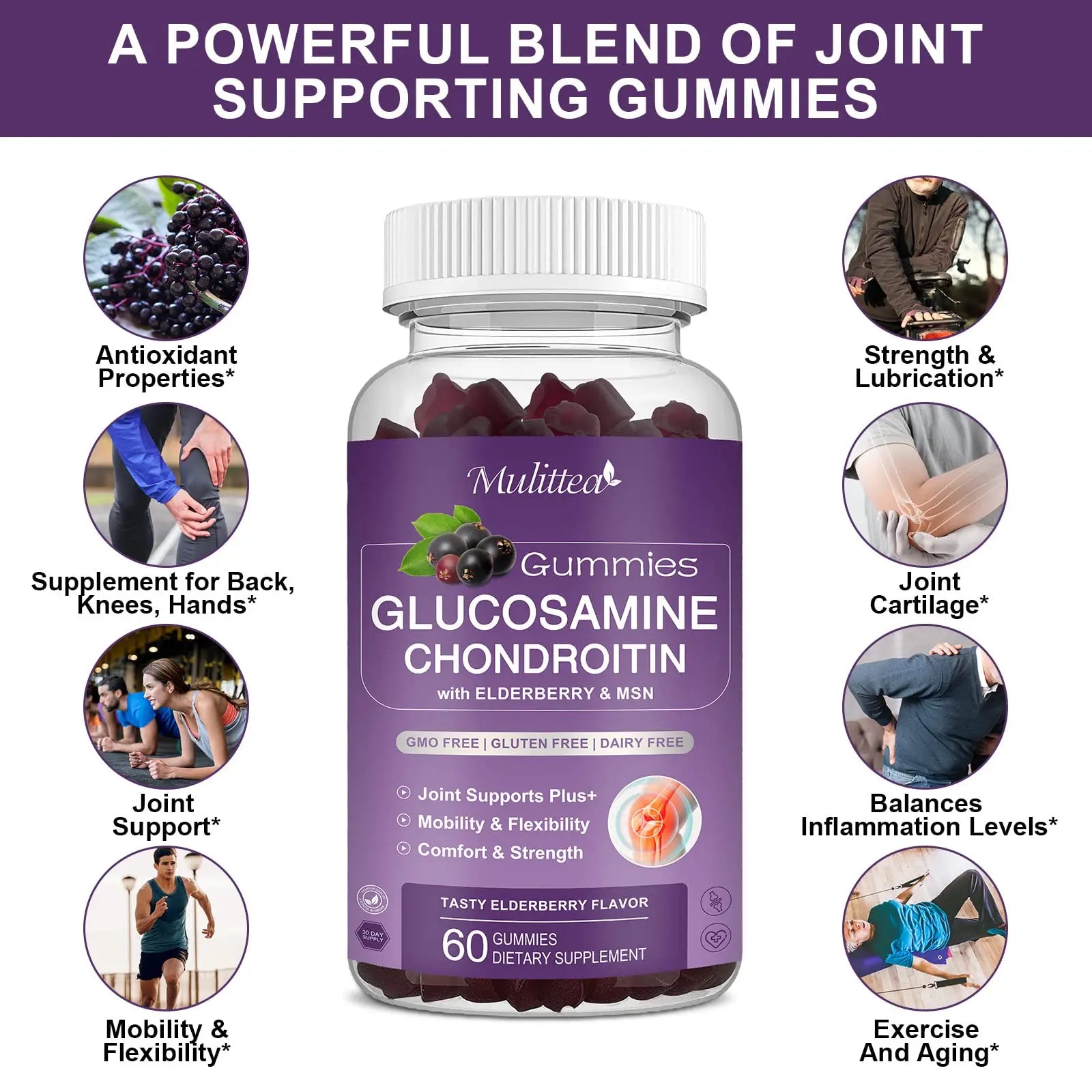 Mulittea Glucosamine Chondroitin Gummies - Extra Strength Joint Support Supplement with MSM & Elderberry for Natural Joint, Antioxidant Immune Support for Adults, Men & Women-(2 Pack) Mulittea uk supplements