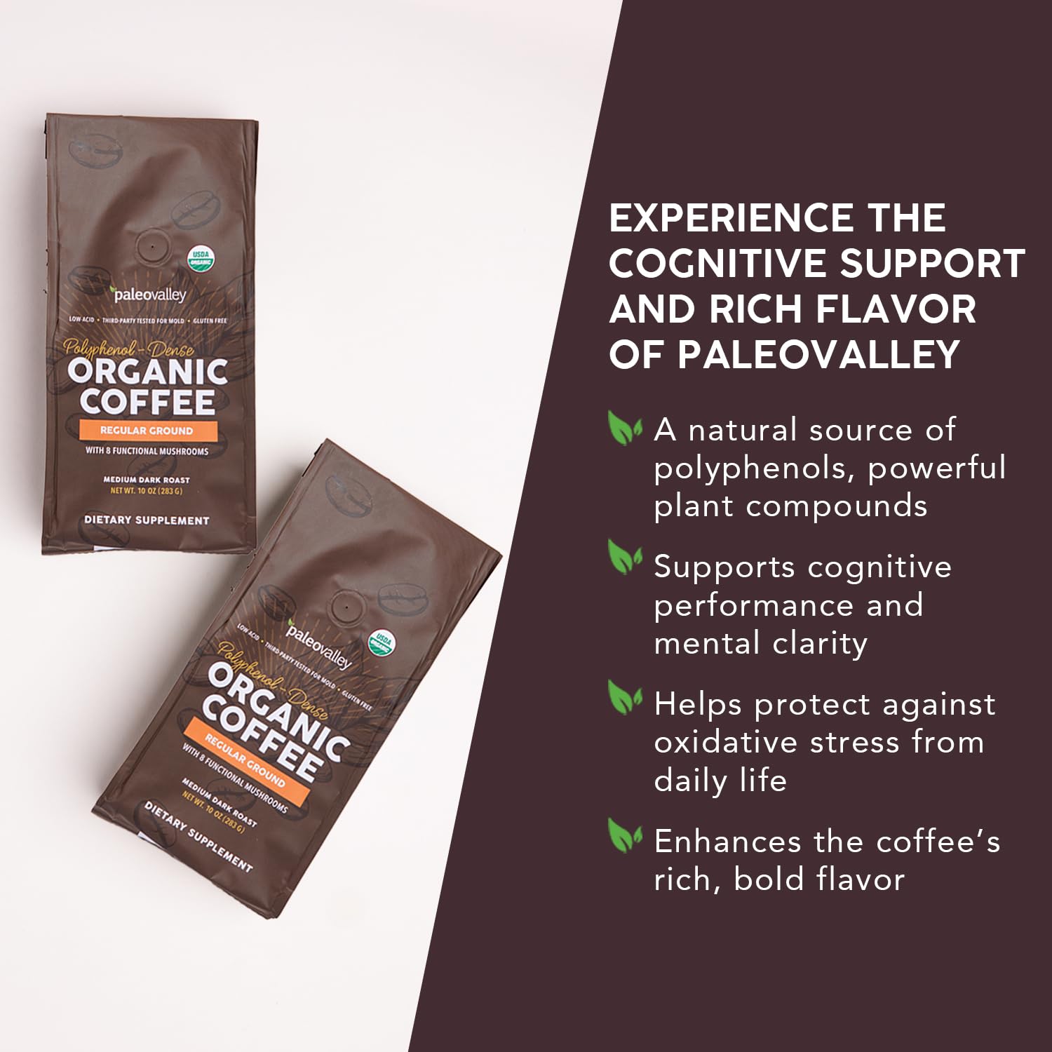 Paleovalley Organic Ground Coffee, 10oz - Regular, Low Acid, Single-Origin, Polyphenol-Rich, Infused with Mushrooms Paleovalley uk supplements