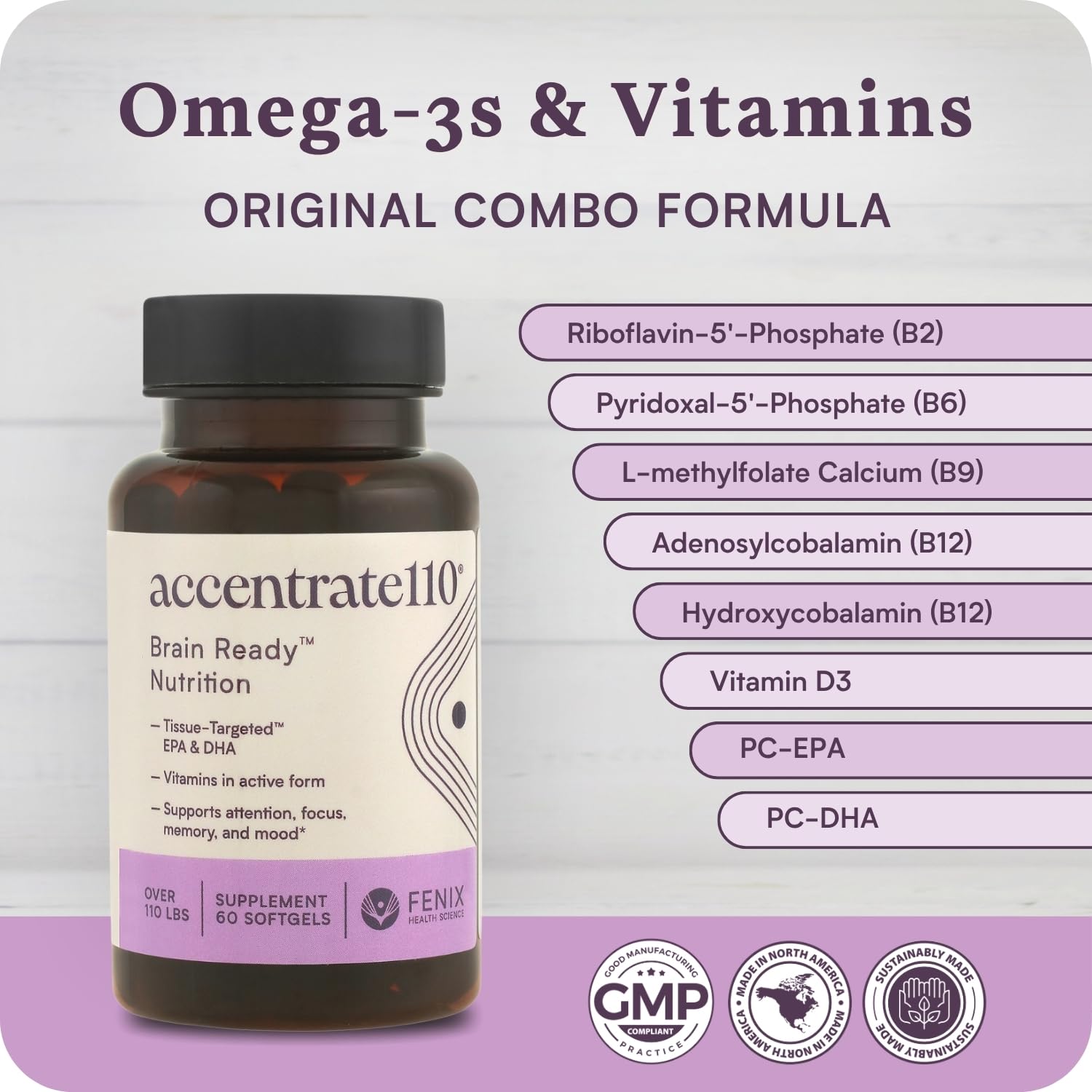 Accentrate110 - Focus Supplement - Methylated Vitamin B Complex with Omega 3 Fatty Acid Supplement - L-Methylfolate, Vitamin B12, P-5-P, Riboflavin, VIT D, – 60 Softgels (1 Month Supply) Accentrate uk supplements