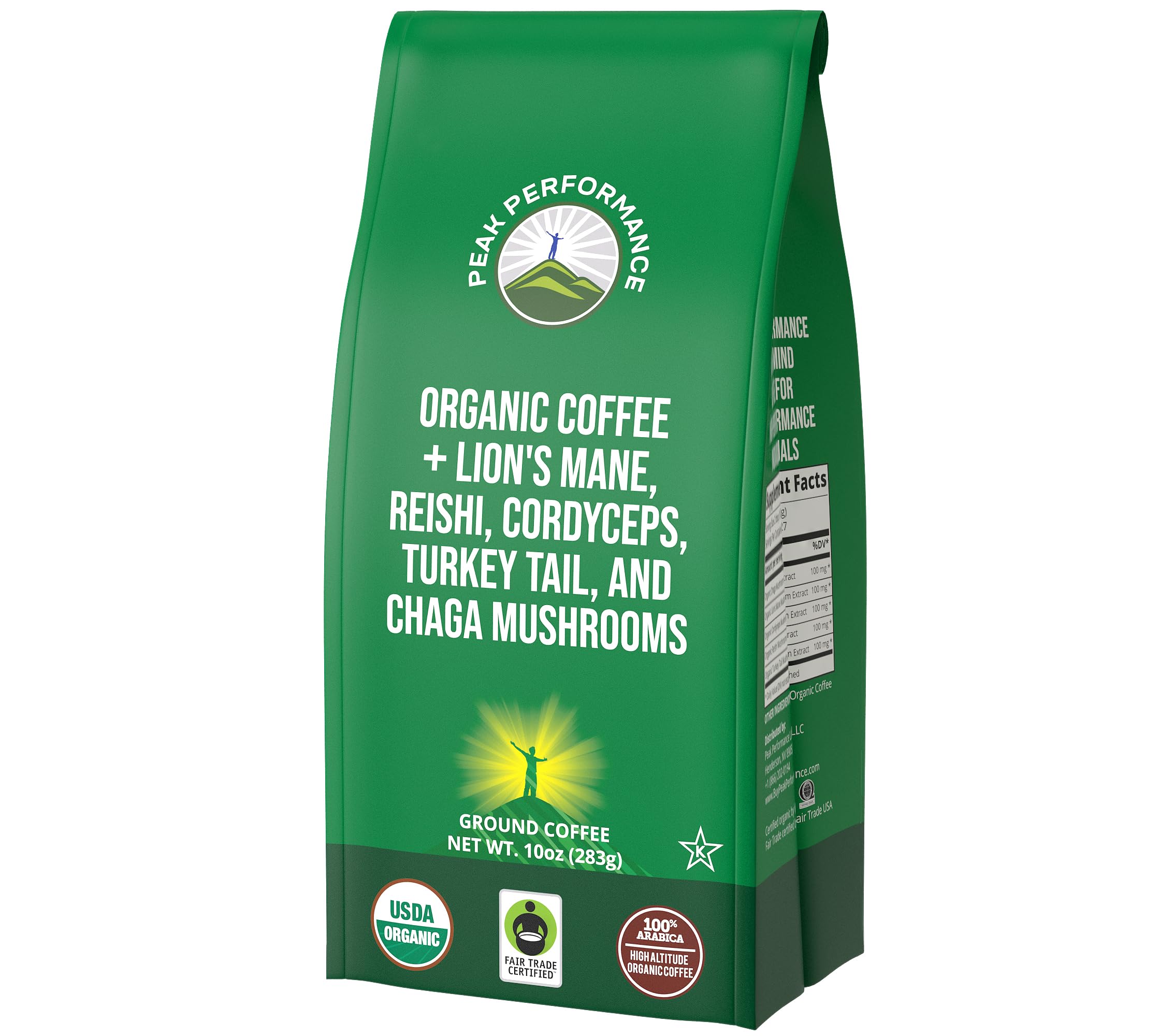 Organic Low Acid Mushroom Coffee with Lion's Mane, Reishi, Cordyceps, Turkey Tail, and Chaga Mushrooms - Great Tasting Premium High Altitude Medium Roast Ground Bags 10 oz by Peak Performance Peak Performance uk supplements