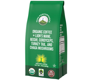 Organic Low Acid Mushroom Coffee with Lion's Mane, Reishi, Cordyceps, Turkey Tail, and Chaga Mushrooms - Great Tasting Premium High Altitude Medium Roast Ground Bags 10 oz by Peak Performance Peak Performance uk supplements