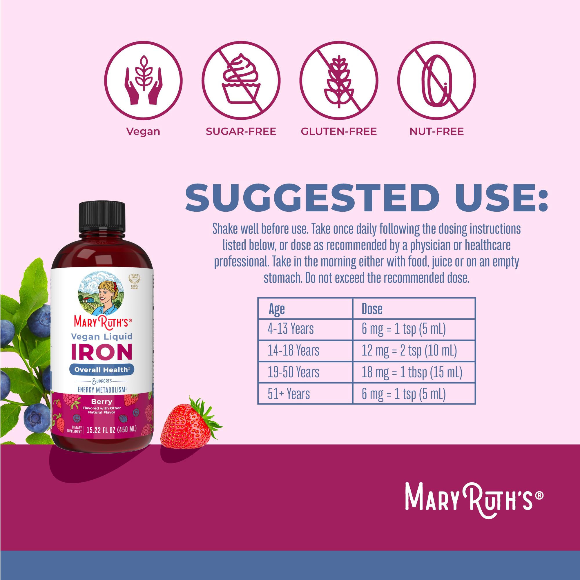 Iron Supplement for Women Men & Kids | Liquid Iron Supplement for Women Men & Kids | Iron for Healthy Blood & Oxygen | Ages 4 & Up | Sugar Free | Vegan | Non-GMO | Gluten Free | 15.22 Fl Oz MARYRUTH'S uk supplements