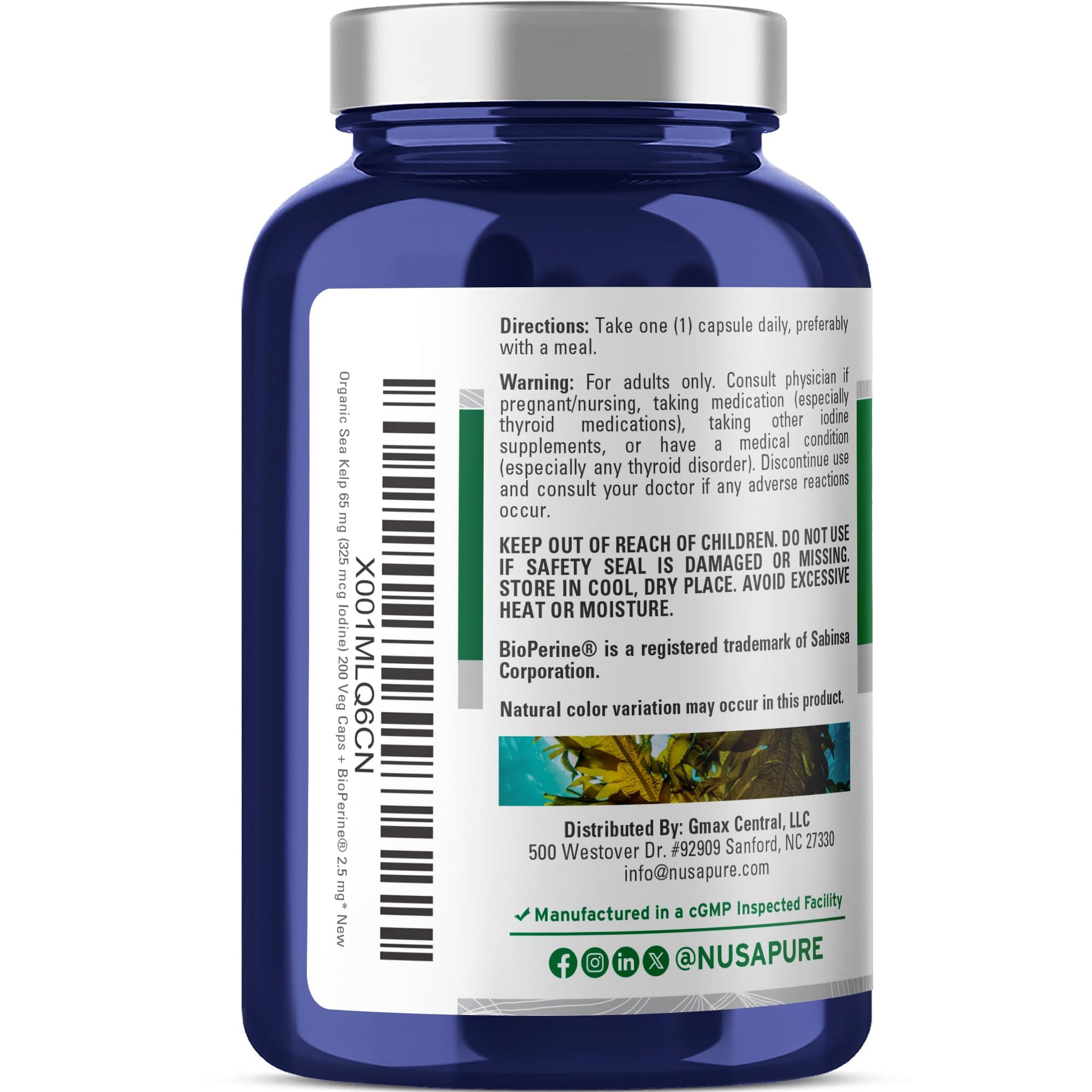 NusaPure Sea Kelp Natural Iodine 325mcg 10:1 Extract, 65 mg Equivalent to 650 mg Capsule 200 Count (Non-GMO, Vegan) NusaPure uk supplements