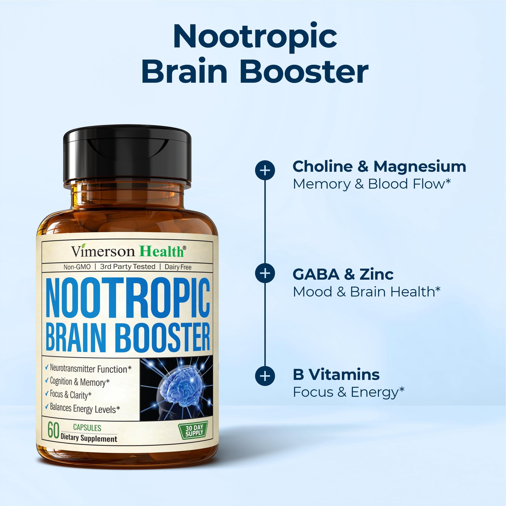 Nootropics Brain Support Supplement - Nootropic Brain Booster for Improved Focus, Concentration & Memory. Brain Nootropic for Brain Health, Mood & Energy Support. Non-GMO. Made in the USA. 60 Capsules Vimerson Health uk supplements