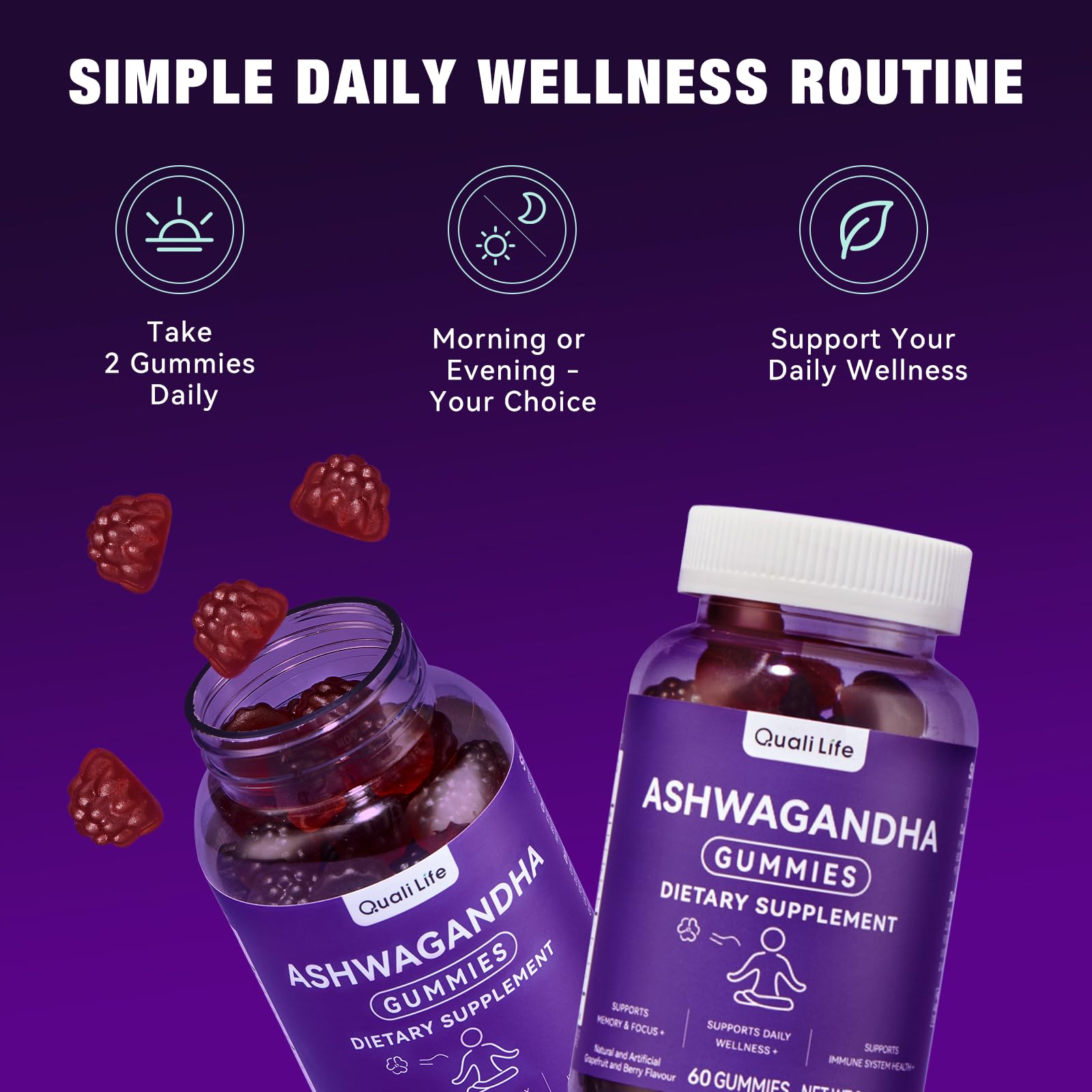 QualiLife Ashwagandha Gummies for Relax & Cortisol Support – High Strength Root Extract with Cranberry & Chaste Tree, Grapefruit & Berry Flavour – Vegan, Non-GMO, Gluten-Free – 60 Gummies (30 Days) QualiLife uk supplements