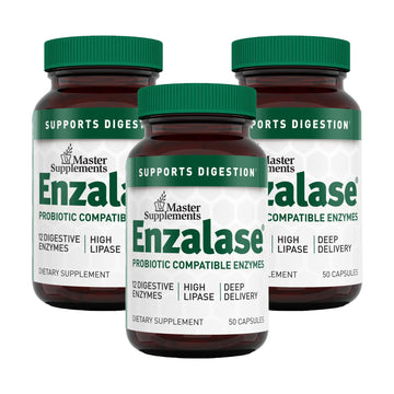 Master Supplements Enzalase - 50 Capsules, Pack of 3 - Probiotic Compatible Enzymes - Provides Digestive Boost + Gas & Bloating Relief - Gluten Free - 150 Total Servings ENZALASE uk supplements