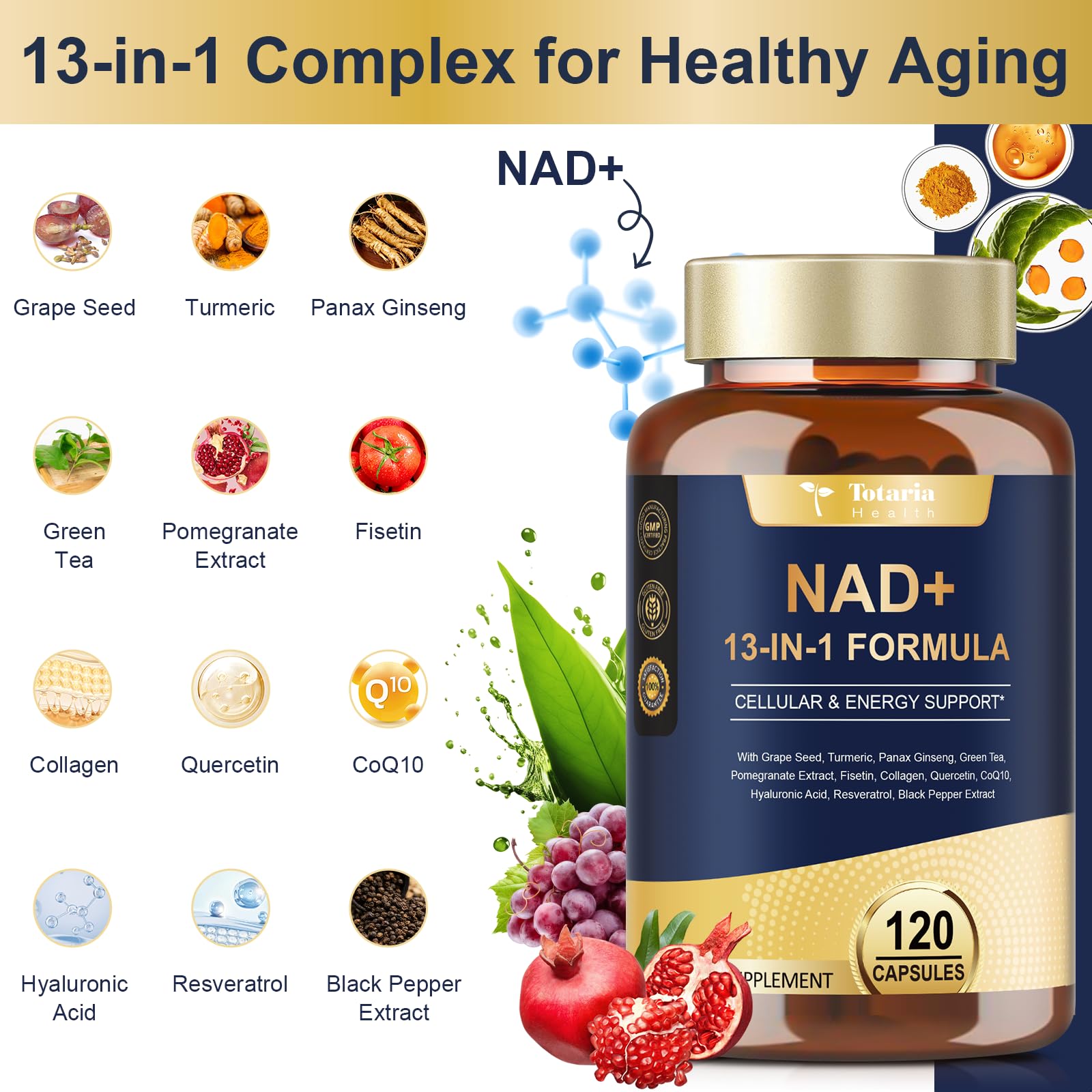Totaria NAD Supplement for Women Men with nicotinamide riboside resveratrol,Quercetin, Betaine Boost NAD+ Levels NAD Plus Supplement for Anti Aging, Energy, Immune, Focus 120 Capsules Totaria uk supplements