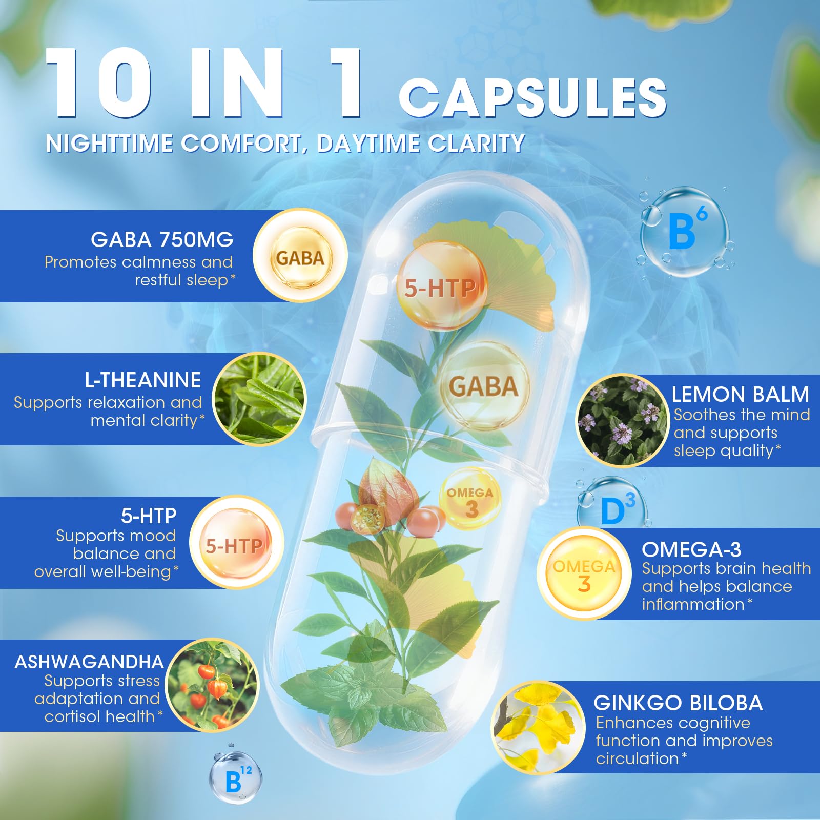 GABA Supplements 750mg with L Theanine, 5HTP, Ashwagandha, Lemon Balm, Ginkgo Biloba, Omega-3, 10 in 1 GABA Calm Capsules for Sleep, Relaxation, Focus, Mood Support, Cortisol Balance - 90CT Lukaree uk supplements