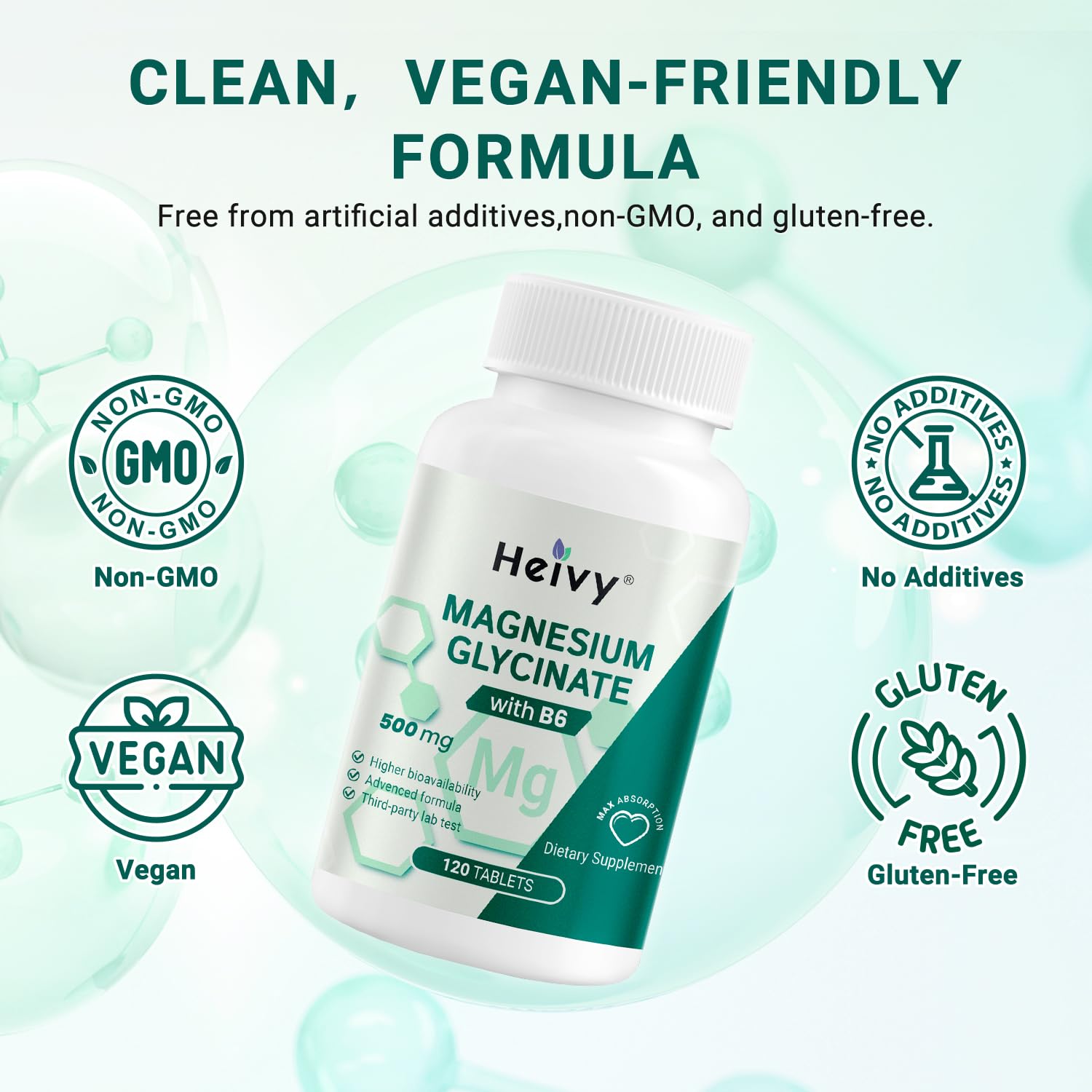 Heivy Pure Magnesium Glycinate 500mg with Vitamin B6, 100% Chelated & Purified Supports Nerve Relife, Sleep Aid & Muscle Support, Vegan & Non-GMO, Made in USA, 3rd Party Tested, 120 Tablets Heivy uk supplements