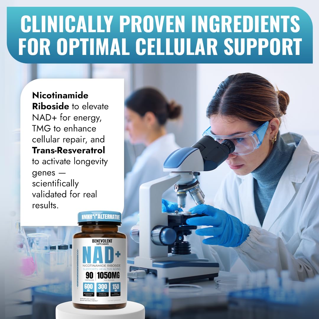 Benevolent NAD+ Supplement 1050mg, Max Absorption 3in1 NAD Supplements for Women & Men with Nicotinamide Riboside, Trans-Resveratrol & TMG, NAD Plus for Cellular Energy, Brain Support & Aging, 90 Caps Benevolent Nourishment uk supplements