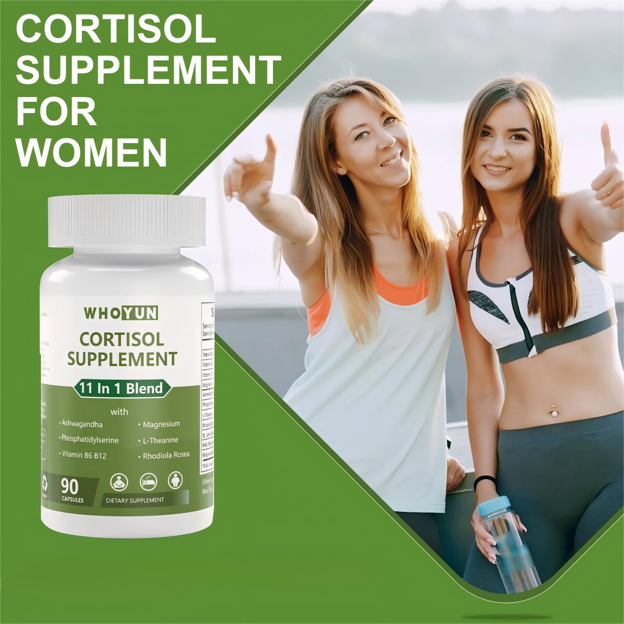 Whoyun Cortisol Supplement for Women, 11 in 1 Lower Cortisol Blend with Ashwagandha, Phosphatidylserine, Magnesium, L-Theanine, Vegan, 90 Capsules Whoyun uk supplements