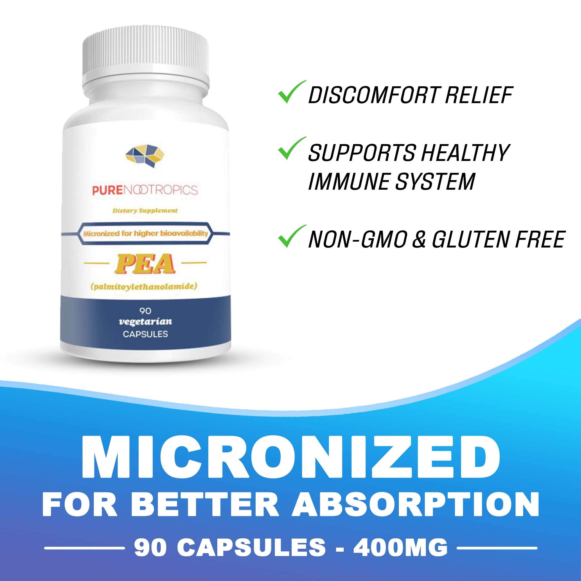 Pure Nootropics - Palmitoylethanolamide (Micronized Pea) 400 mg Capsules | 90 Veg Caps Value Pack | Supports Relief from Occasional Discomfort | Supports Immune System Pure Nootropics uk supplements