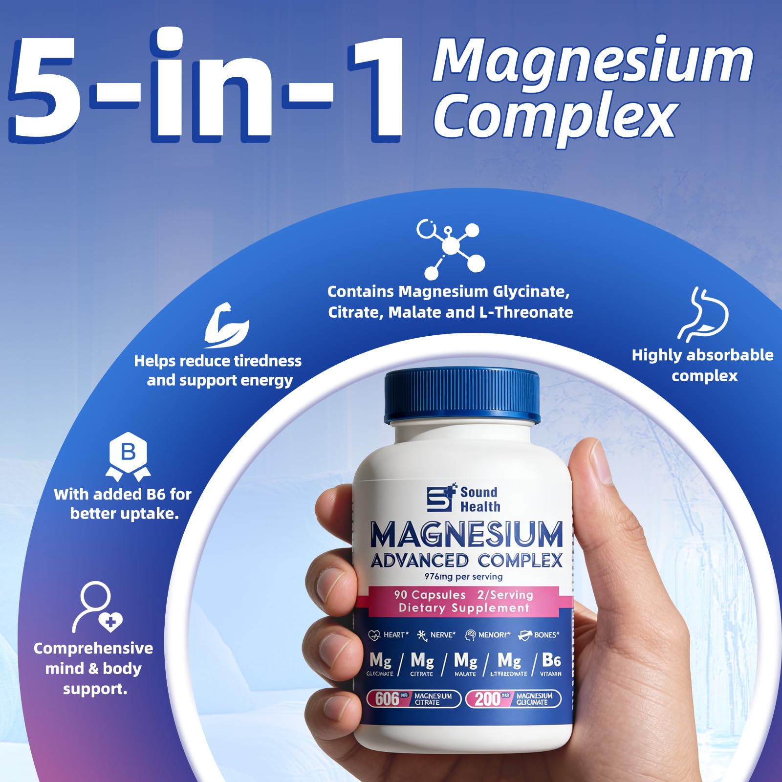 Magnesium Complex Capsule 5 in 1 Magnesium Supplement from Magnesium Glycinate, Citrate, Malate, L-Threonate & Vitamin B6, High Absorption Magnesium Supplement, Non-GMO, Vegan Sound Health Plus uk supplements