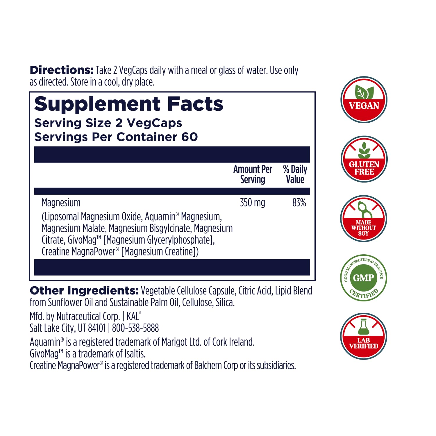 KAL Magnesium Complex 7 - Total Complex with Magnesium Glycinate, Citrate, Malate and More - Relaxation and Whole Body Support Supplements - Vegan, 60-Day Guarantee - 60 Servings - 120 VegCaps KAL uk supplements