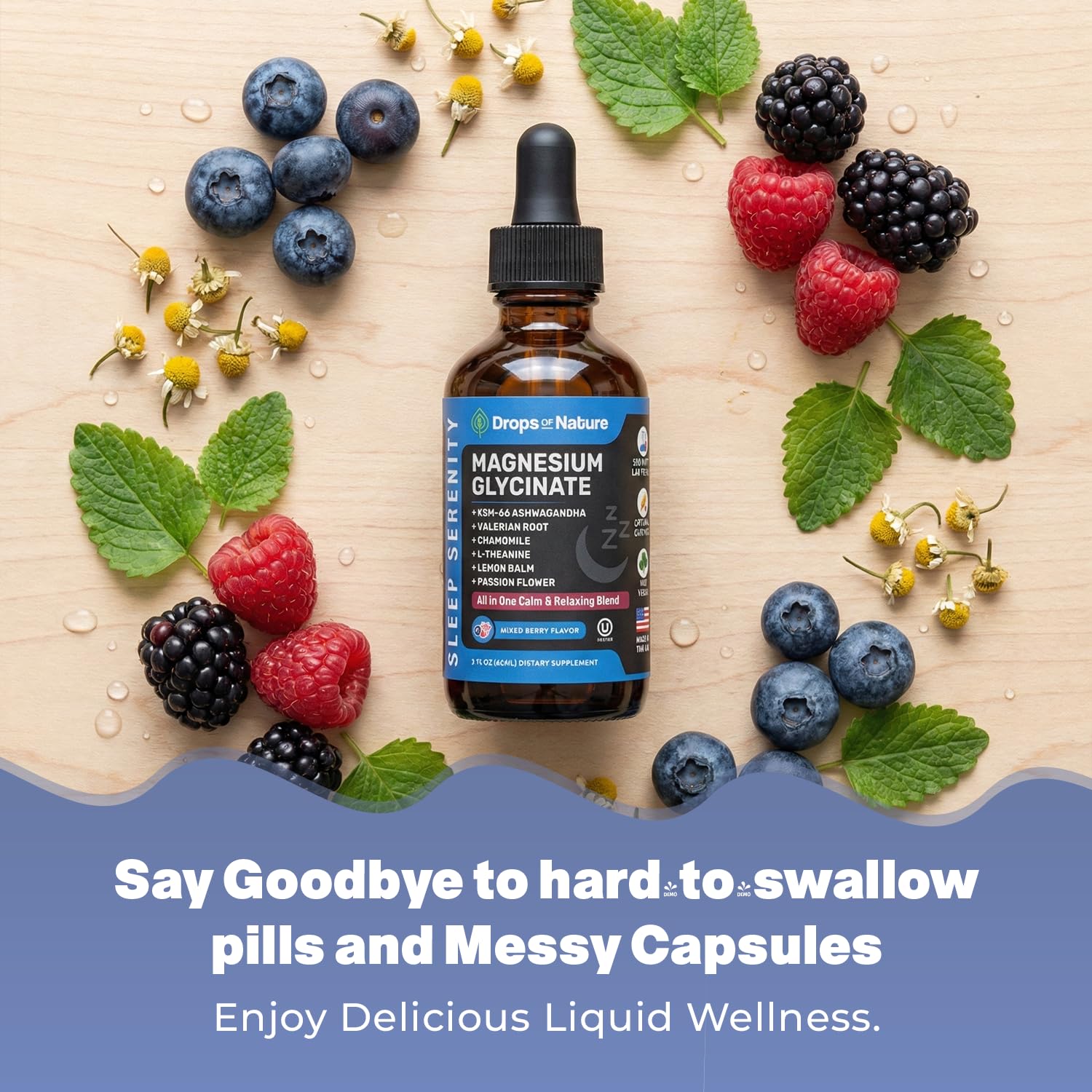 Magnesium Glycinate & Ashwagandha Liquid Drops with Valerian Root, Chamomile, Passion Flower, Lemon Balm & L-Theanine - Vegan Fast Absorption - Supplement for Wellness & Relaxation (Mixed Berry, 60mL) Drops Of Nature uk supplements