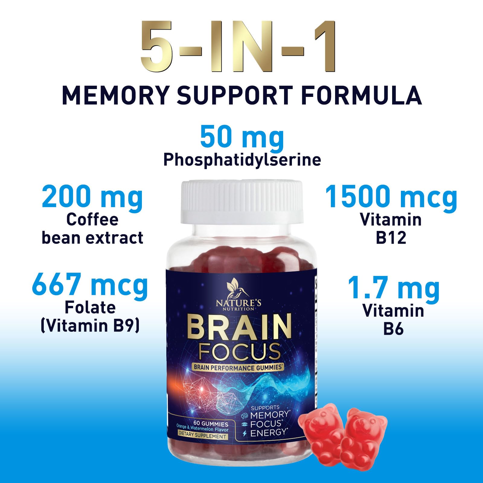 Brain Supplements for Memory and Focus with Phosphatidylserine, Nootropic Memory Supplement Gummy for Brain Health, Concentration, Mental & Cognitive Support, Focus Vitamins with B6 & B12-60 Gummies Nature's Nutrition uk supplements